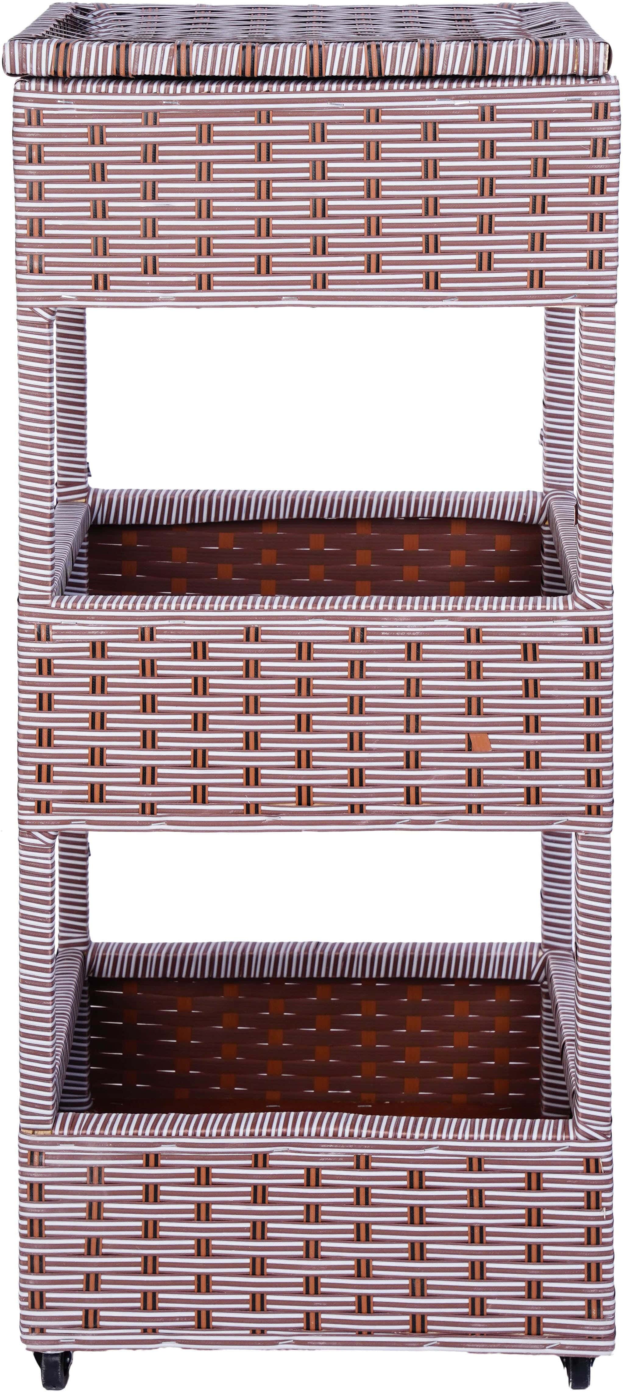 Rattan Trolley Wooden Chassis, 3 Levels, With Wheels, 94×40×30 cm - Brown White