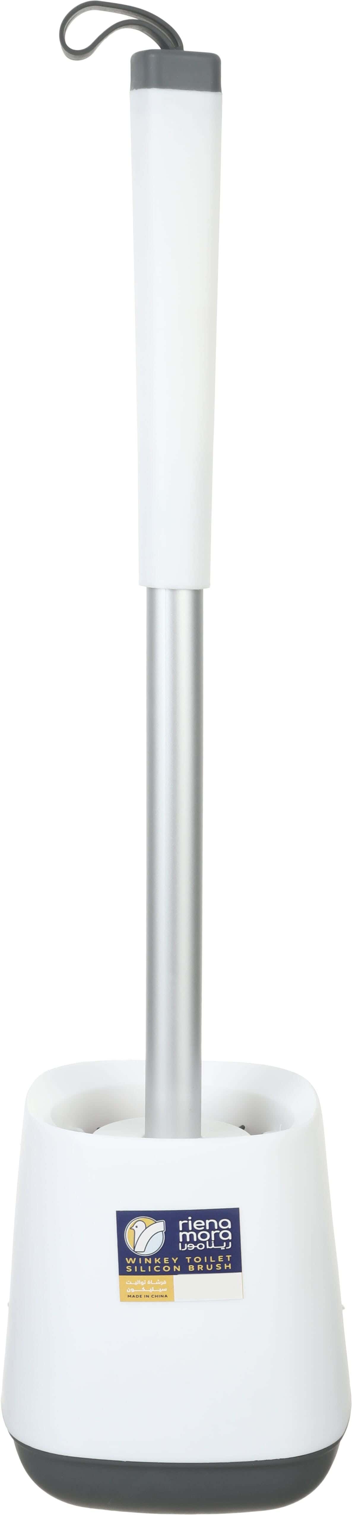 Riena Mora Silicone Toilet Brush with Base, Aluminum Handle, 47 cm - White Silver