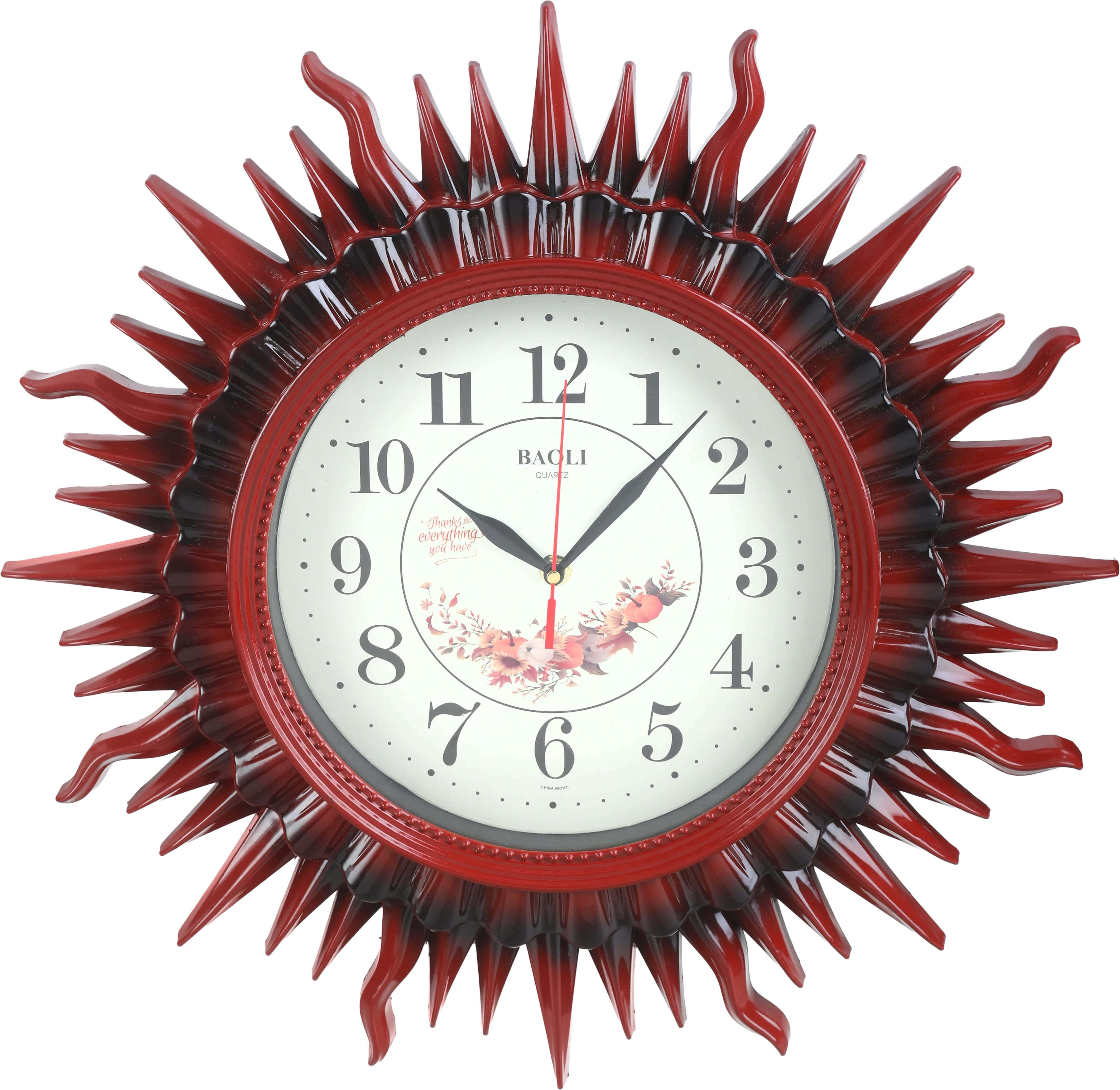 Plastic Wall Clock, Sun Shape, 50 Cm - Dark Red White