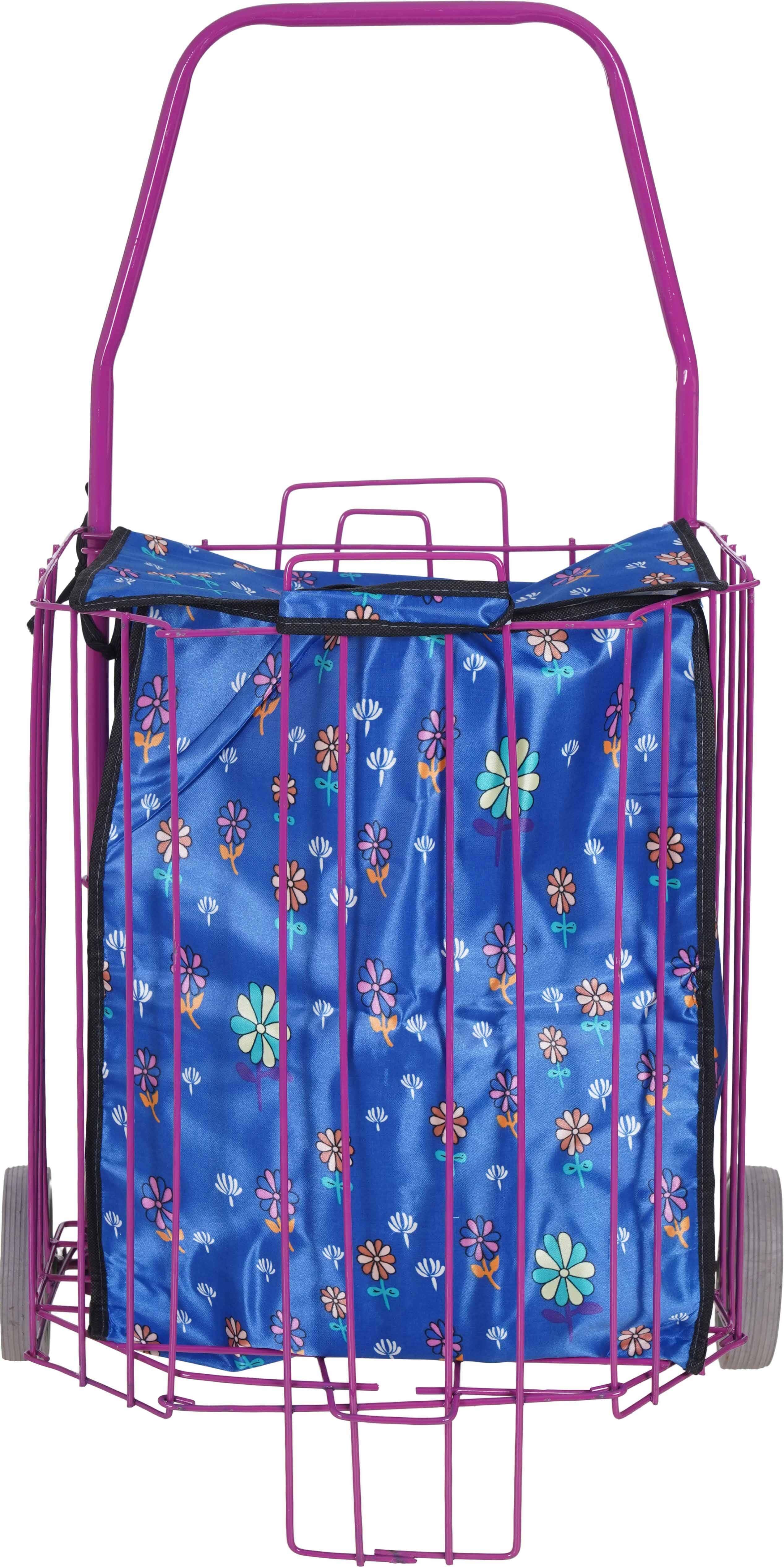 Metal Shopping Cart Foldable, 32×42×93 cm, 2 Wheels, Leather Bag - Multicolor