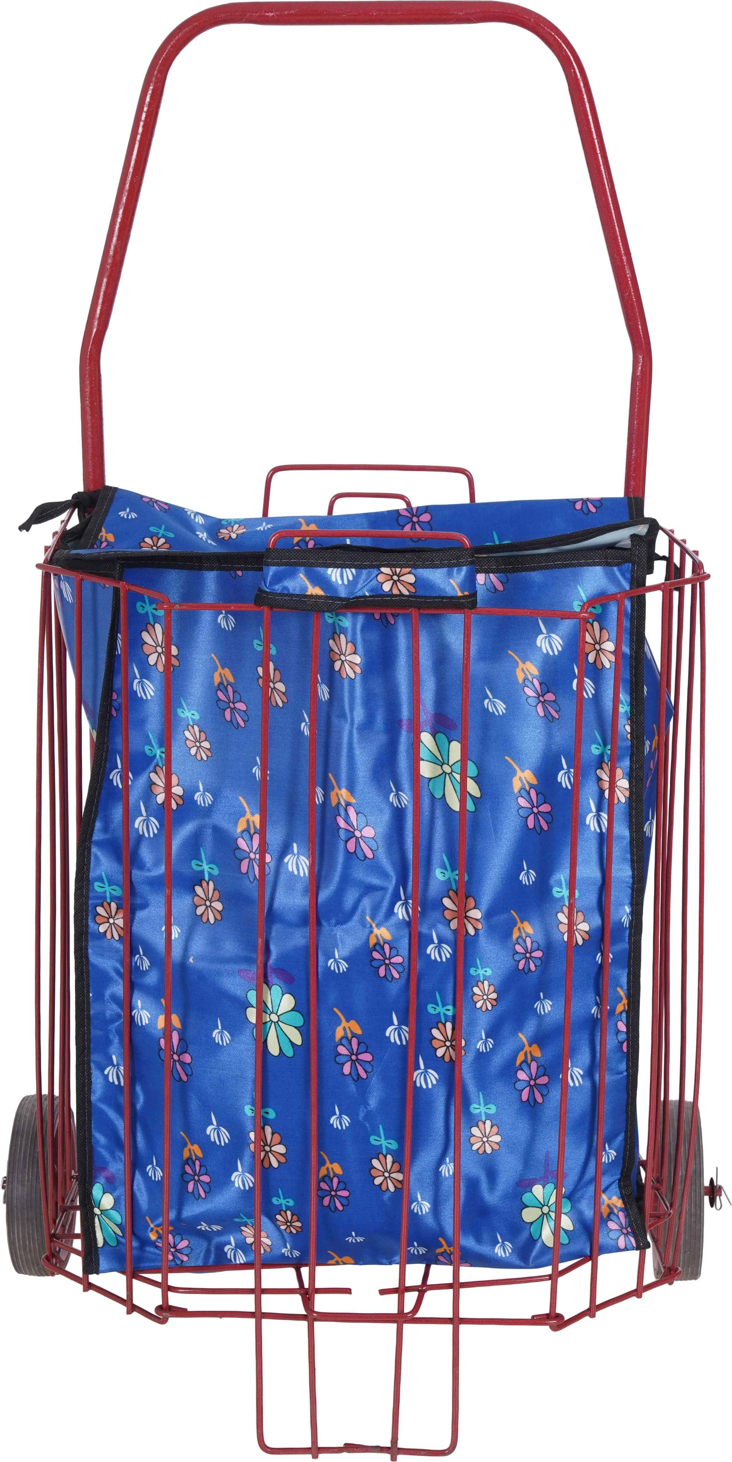 Metal Shopping Cart Foldable, 32×42×93 cm, 2 Wheels, Leather Bag - Multicolor
