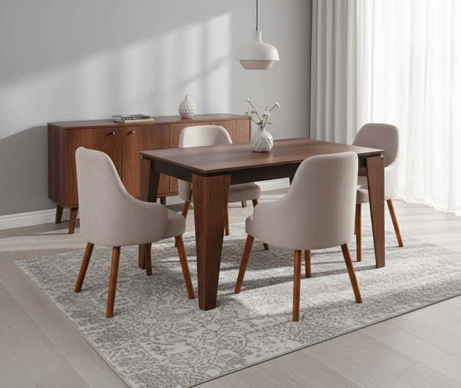 MDF Wood Thai Modern Dining Table, 120×80 cm, Hight 80 cm , 4 Rotating Chairs, Velvet Upholstery - Beige Brown