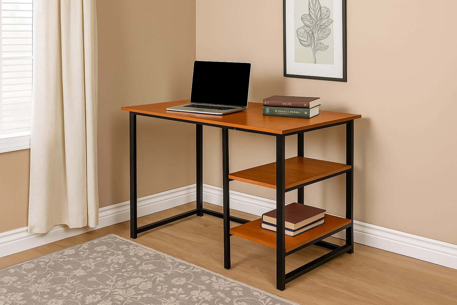MDF Wood Desk with Metal Frame 100×50×75 cm, 2 Lower Shelves - Wooden Black