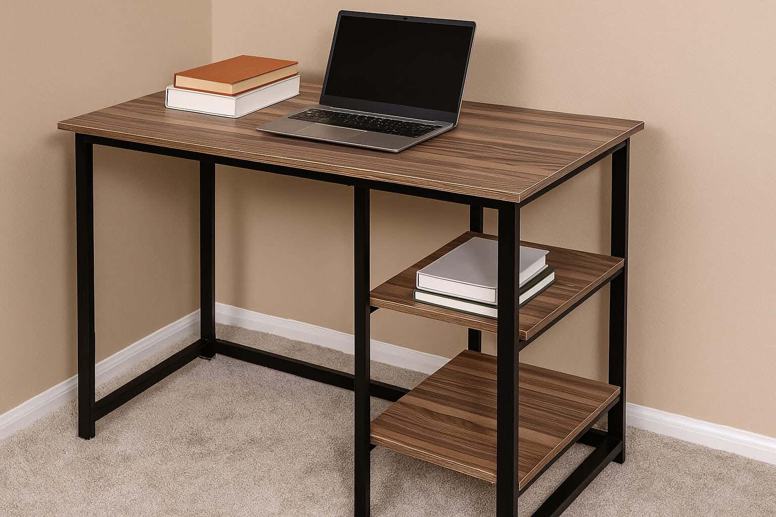 MDF Wood Desk with Metal Frame 100×50×75 cm, 2 Lower Shelves - Brown Beige