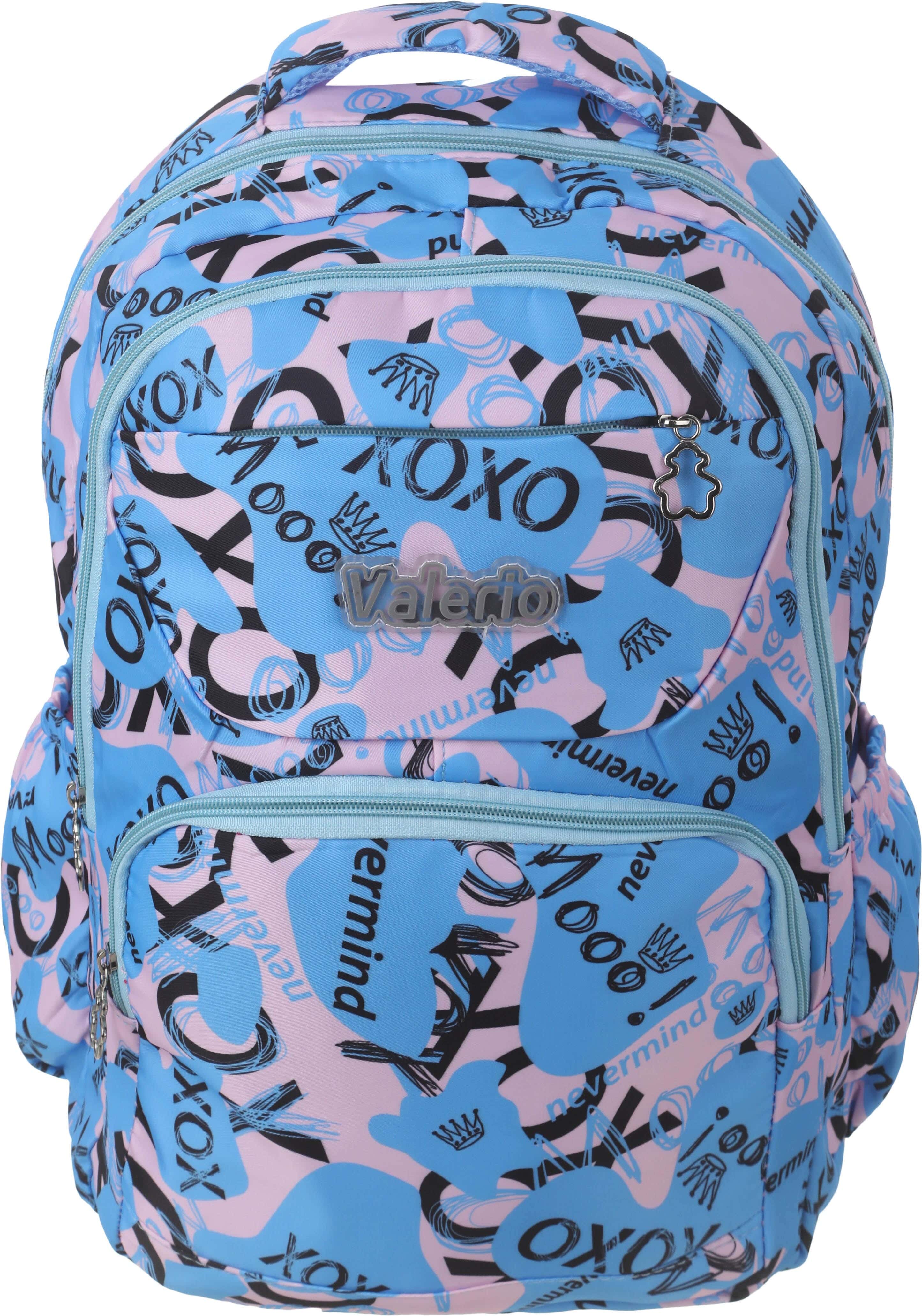 Valerio Waterproof School Bag for Girls, 18 Inch, 4 Zippers - Light Blue Rose