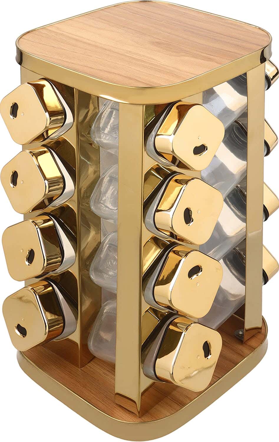 Glass Spice Jar Set with Plastic Lid, 16 Pieces, with Stand - Gold