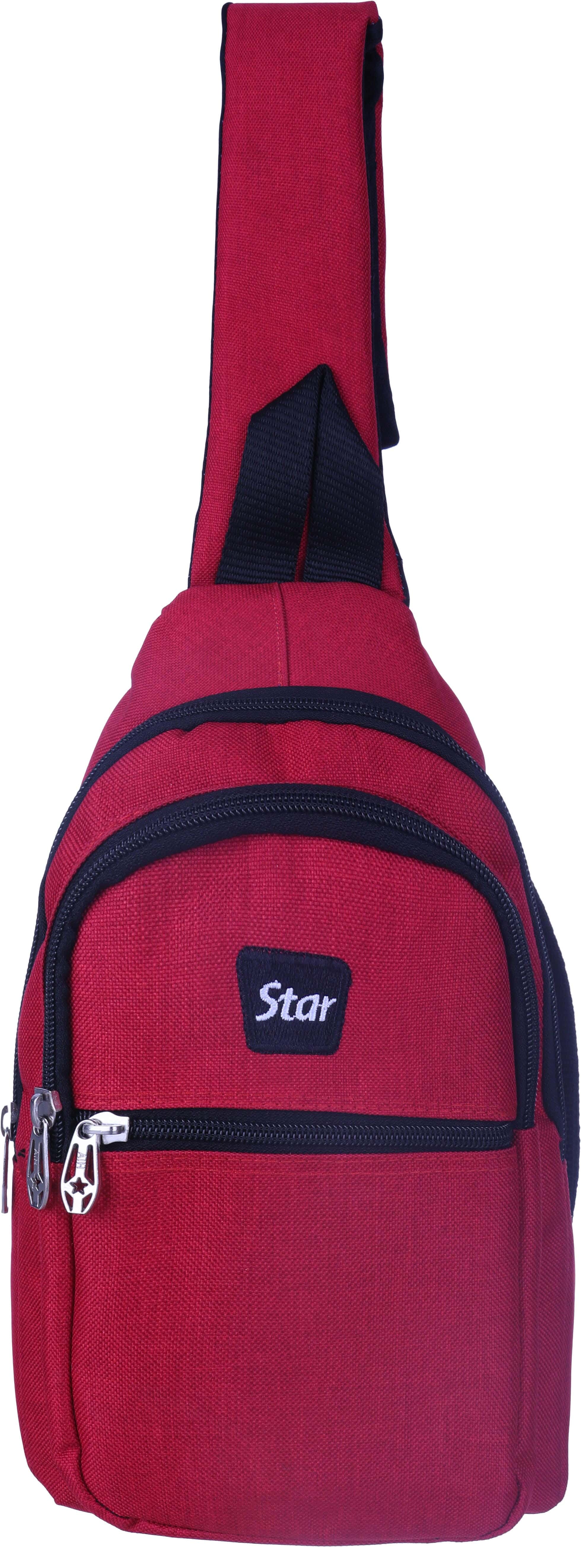 Star fabric crossbody bag, 17×29 cm, 4 zippers - Red