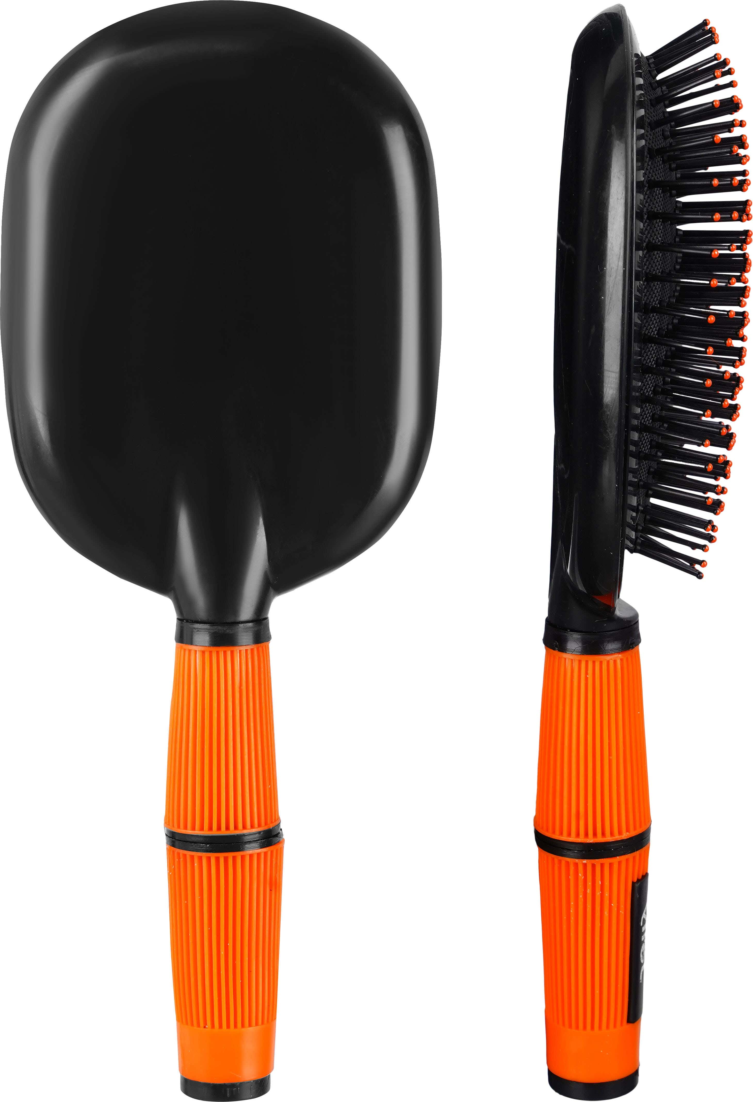 Plastic Hair Brush for Hair Styling, Silicone Handle, Oval Shaped, 26 cm - Black Orange