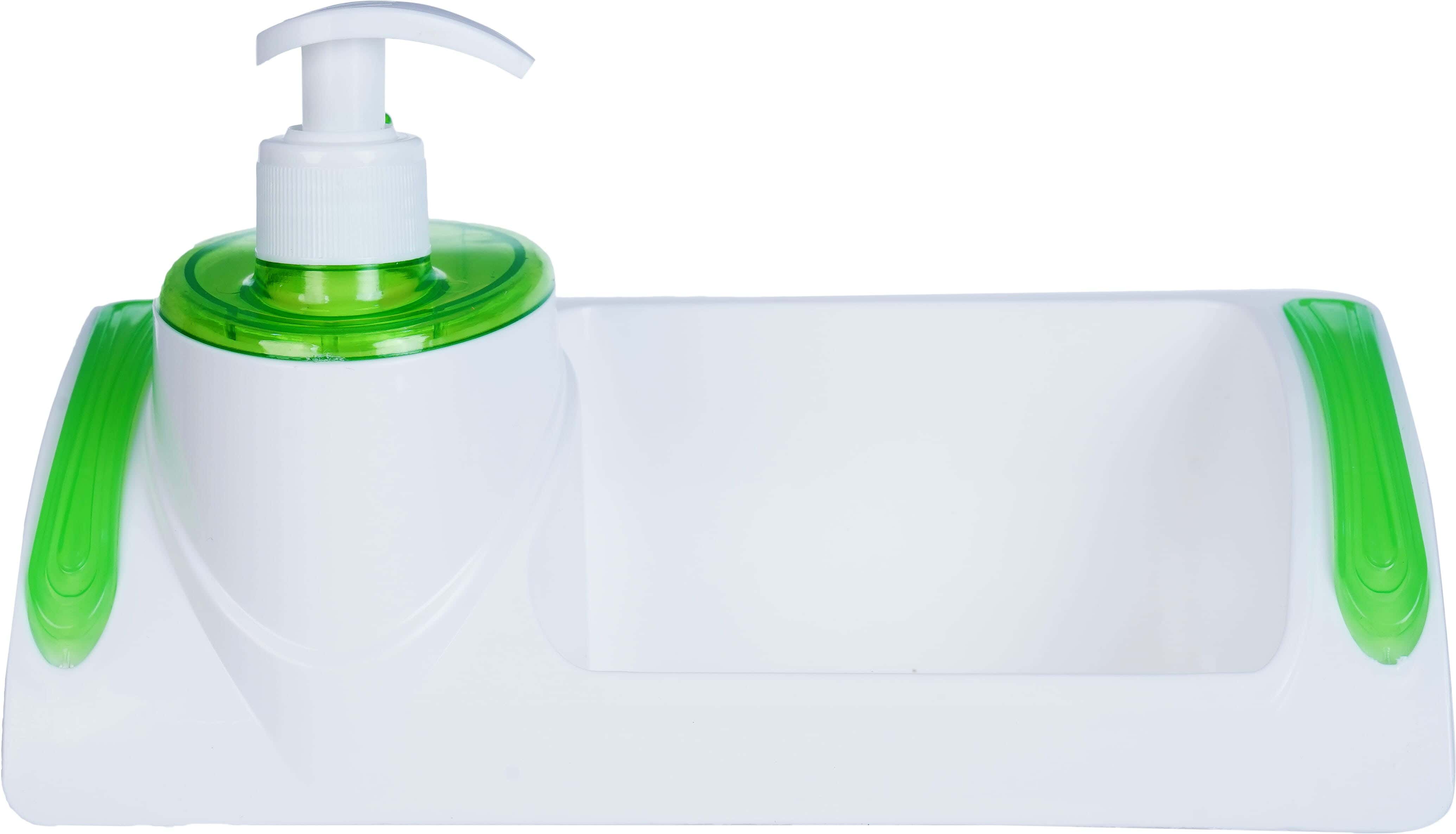 Lamsa Plast Plastic Touch Soap Pump, with Sponge Holder, 24×10×13.5 cm - White Green