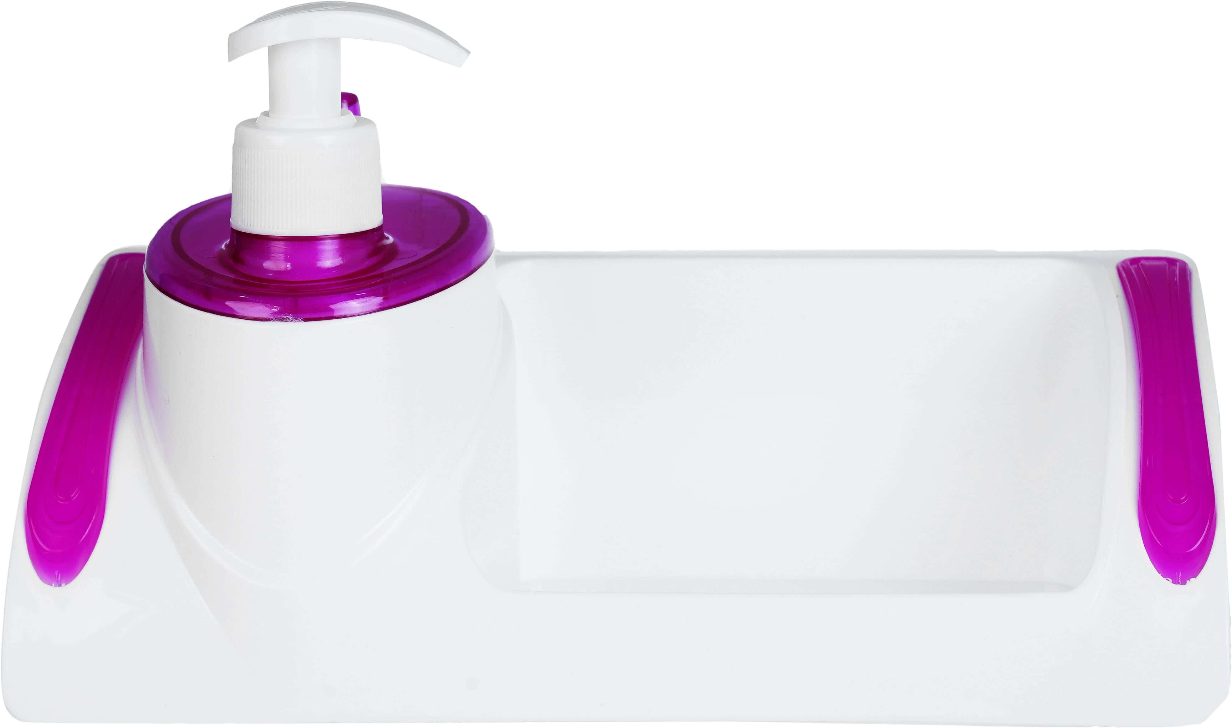 Lamsa Plast Plastic Touch Soap Pump, with Sponge Holder, 24×10×13.5 cm - White Fuchsia
