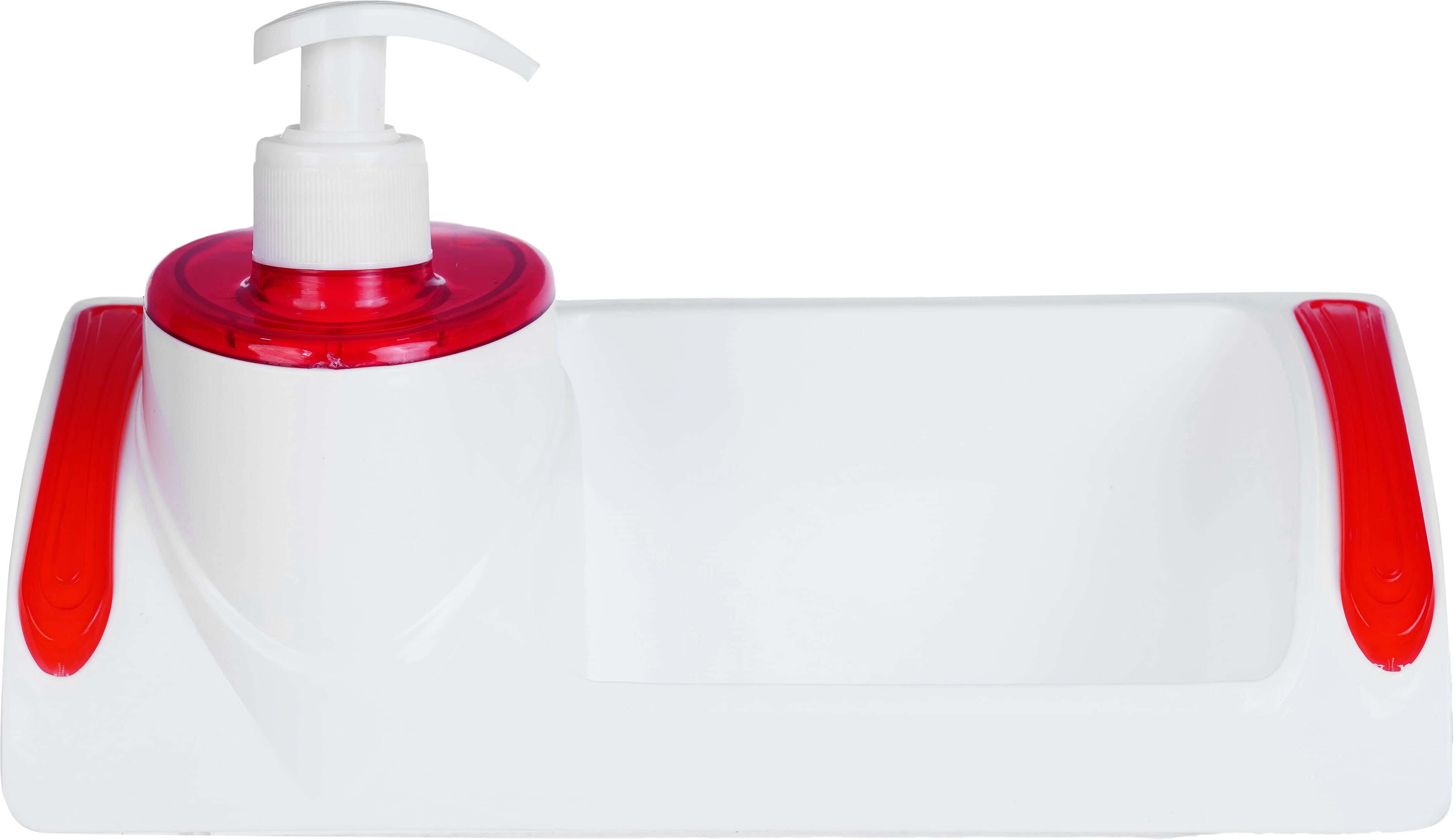 Lamsa Plast Plastic Touch Soap Pump, with Sponge Holder, 24×10×13.5 cm - White Red