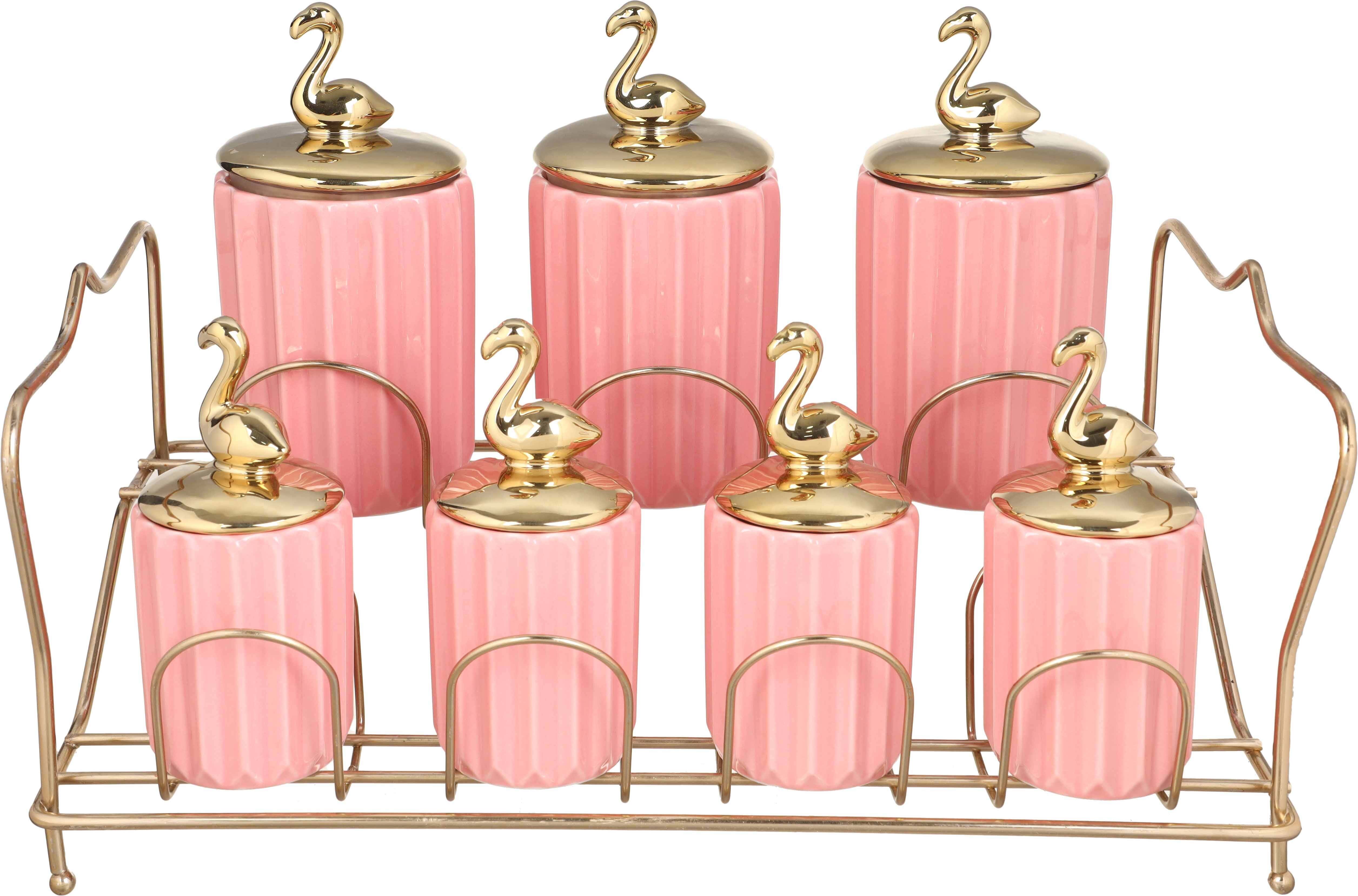 Lotus Porcelain Spice Set, 7 Pieces, with Metal Stand - Pink Gold