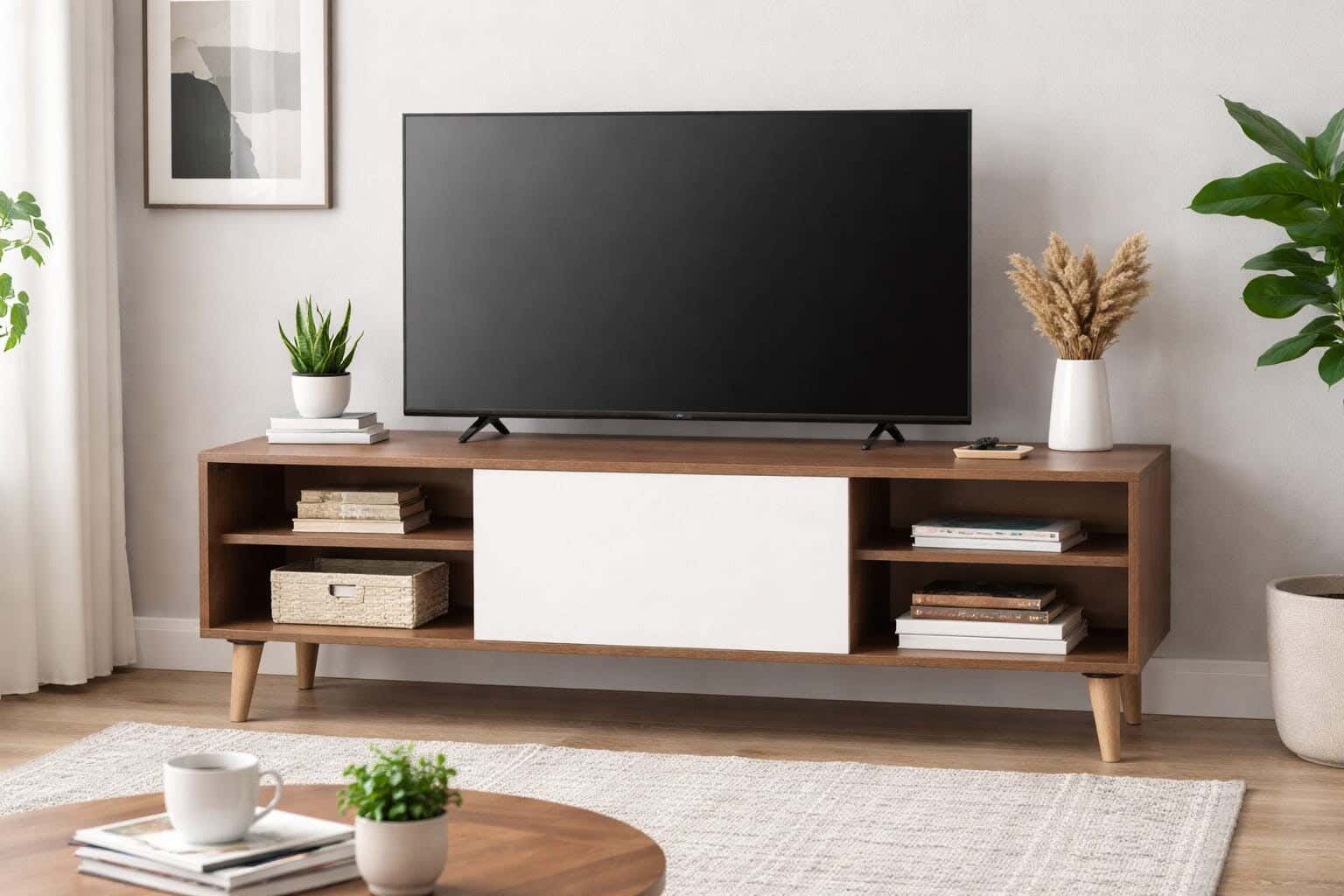 Chipboard wood TV Table, 120×30×44 cm, 1 Doors, 2 Side Shelves - Brown Beige