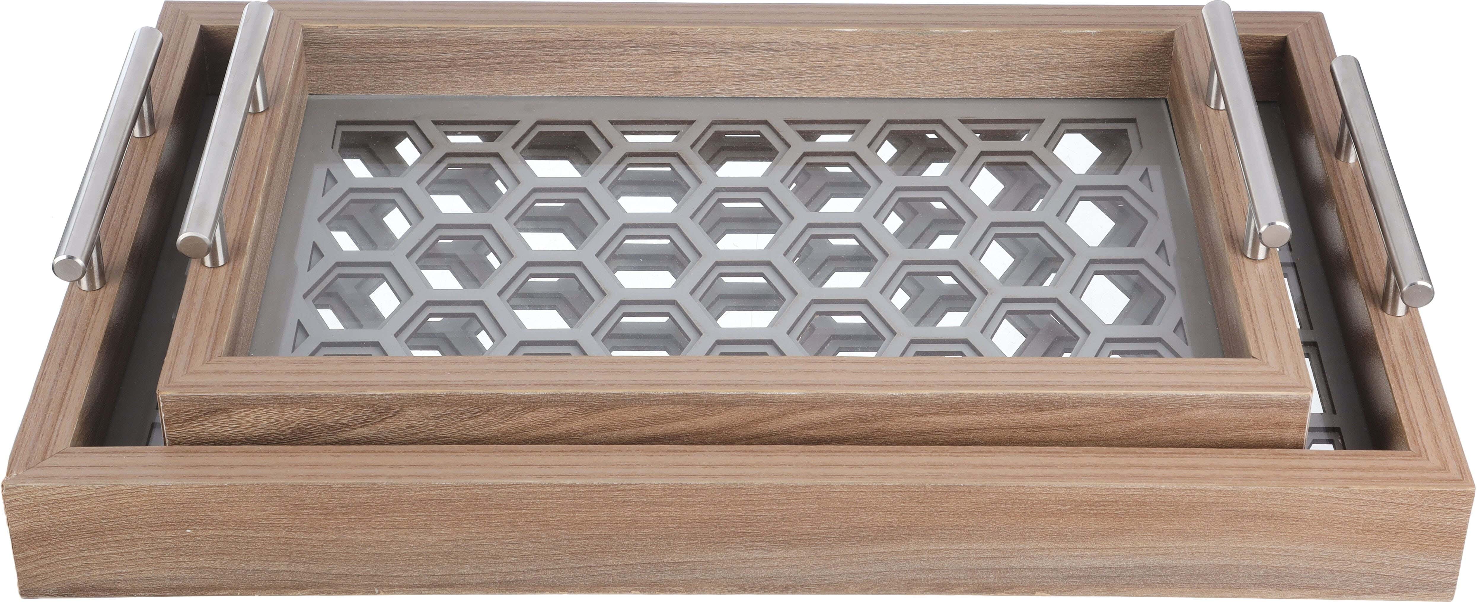 Juliet Wood Serving Tray Set, Glass Base, 2 Pieces - Brown Grey