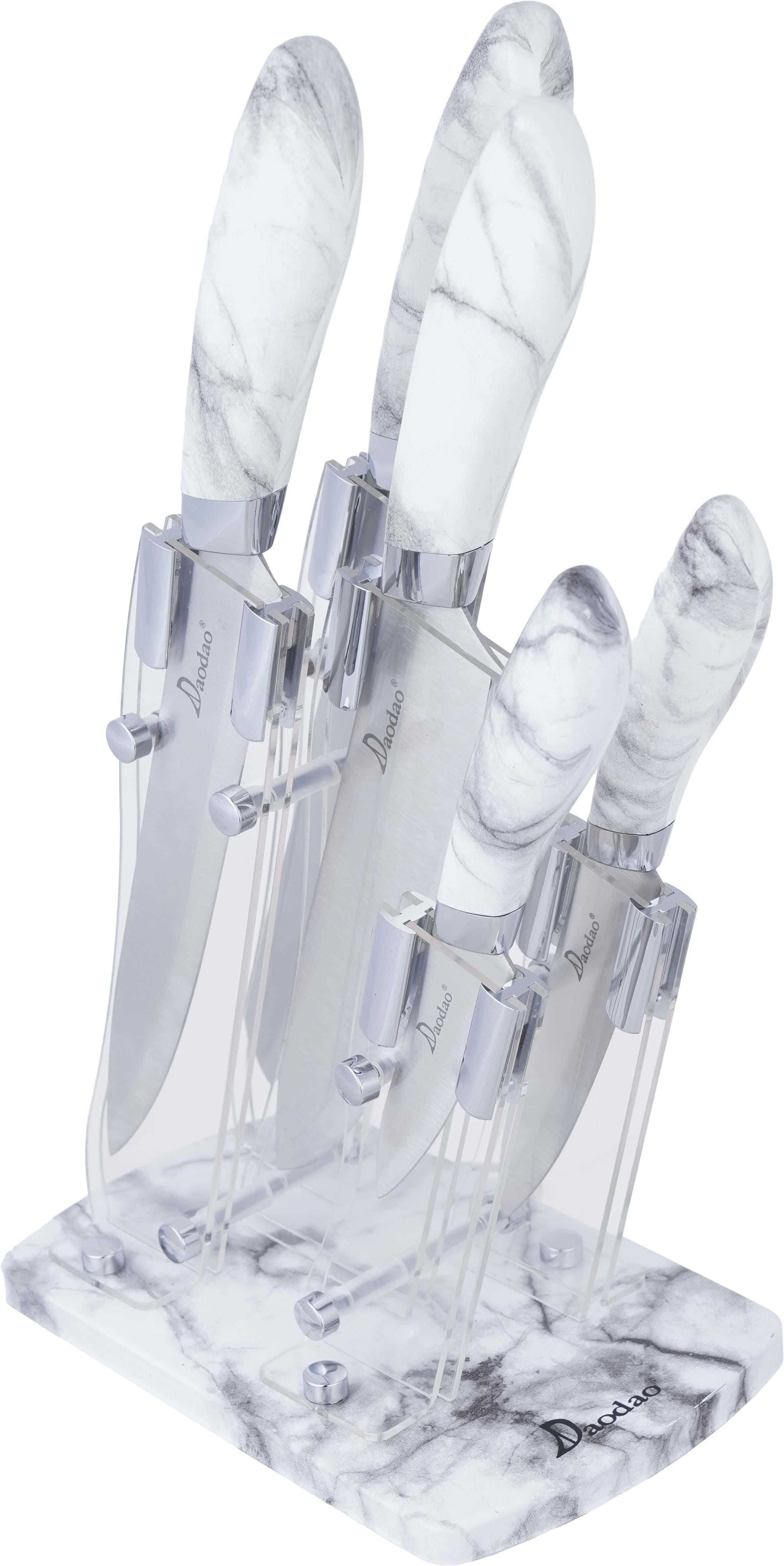 Daodao Stainless Steel Knife Set, 5 Pieces, Bakelite Handle, with Plastic Stand - Grey White