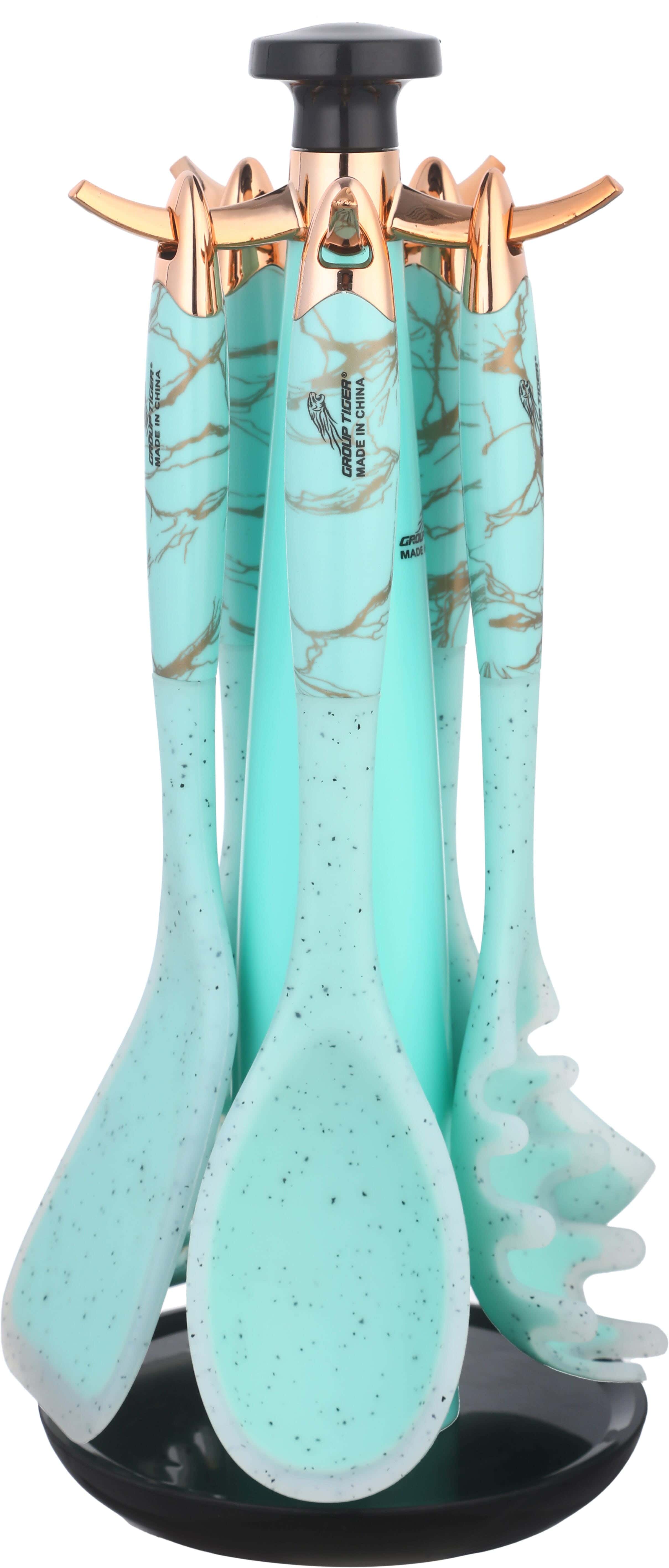 Group Tiger Silicone Spatula Set, 5 Pieces, with Plastic Stand - Turquoise Gold