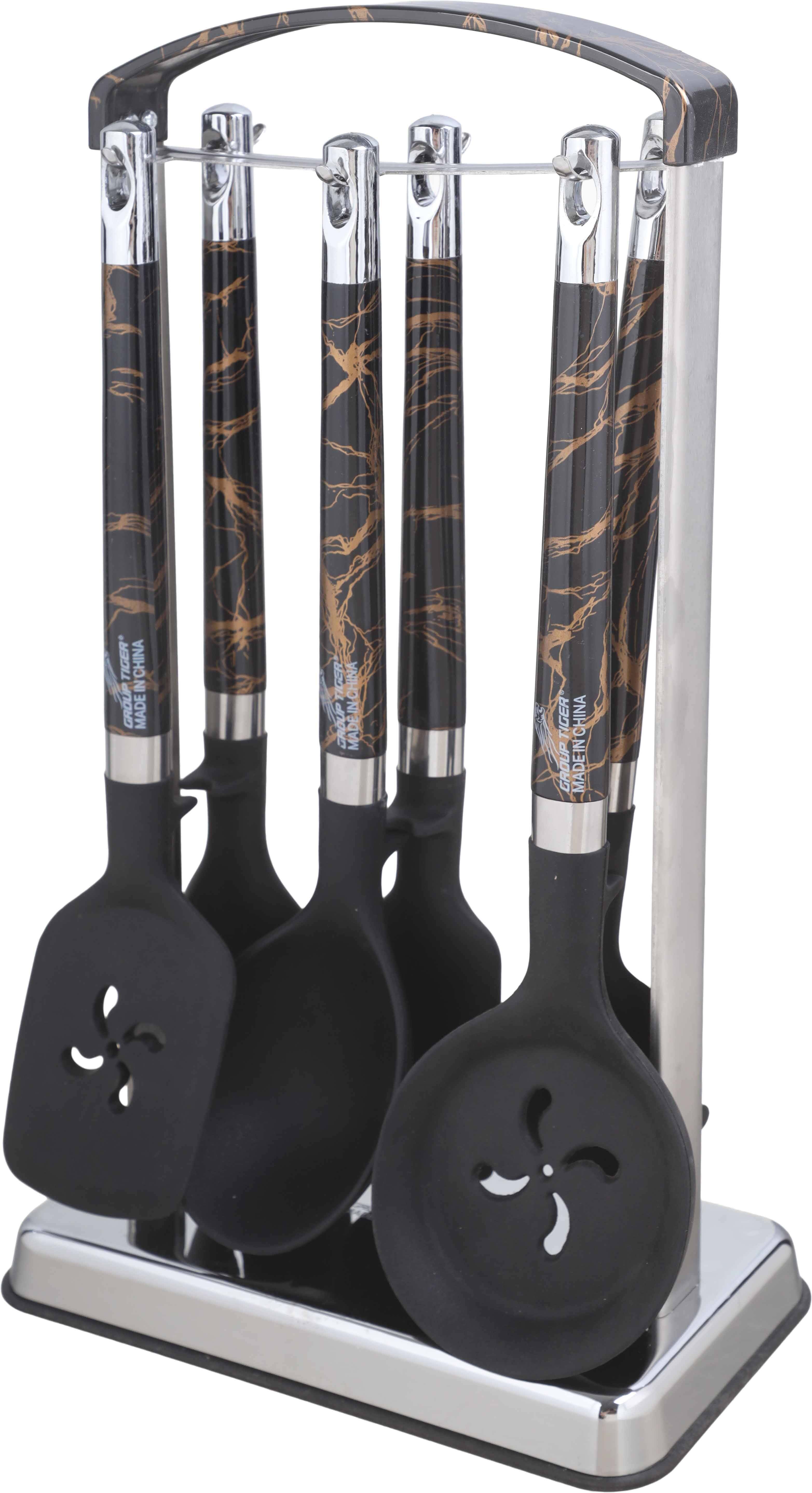 Group Tiger Silicone Serving Set, 6 Pieces, Plastic Handle, with Stand - Black Brown