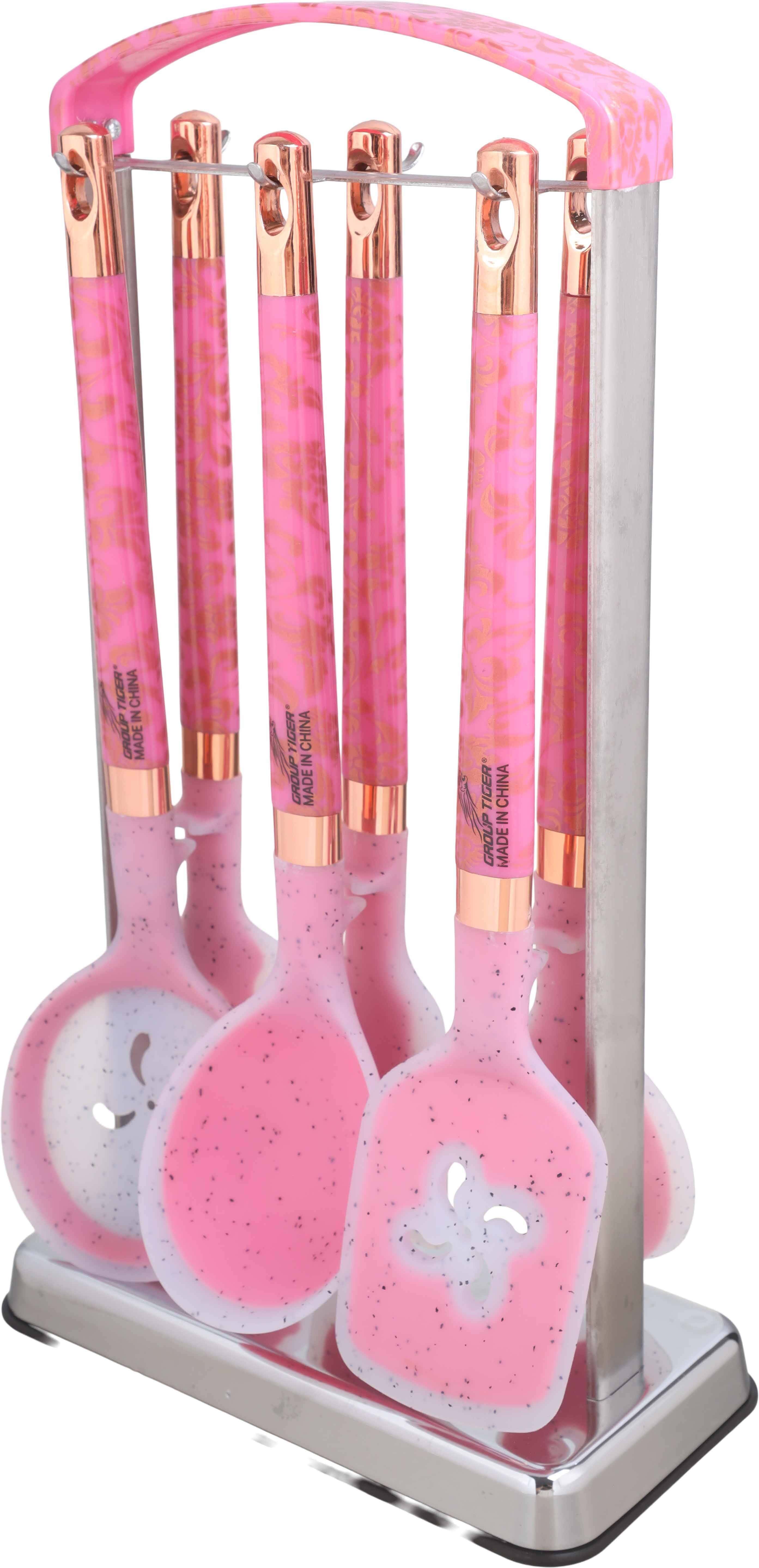 Group Tiger Silicone Serving Set, 6 Pieces, Plastic Handle, with Stand - Pink Copper