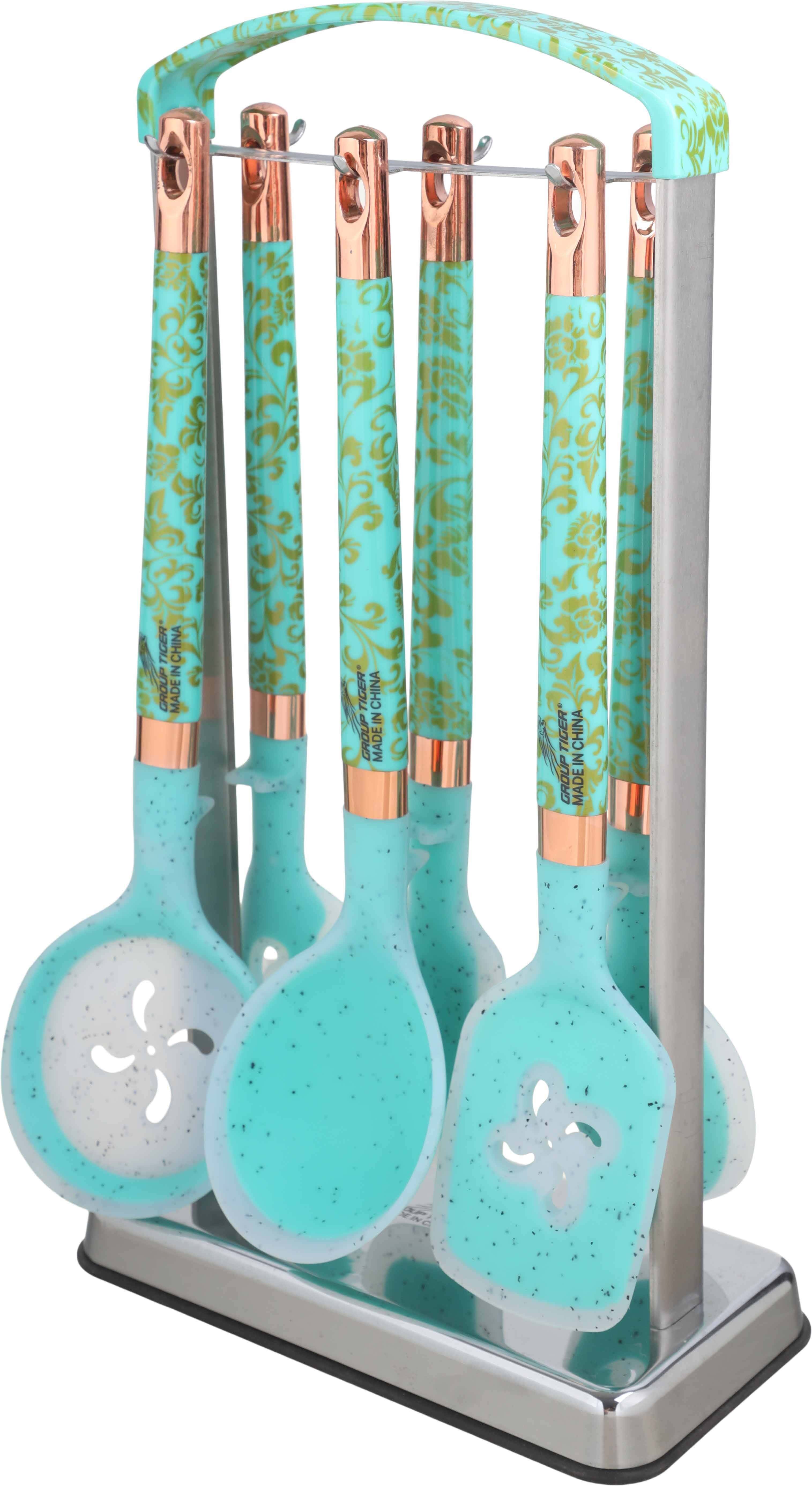 Group Tiger Silicone Serving Set, 6 Pieces, Plastic Handle, with Stand - Turquoise Copper