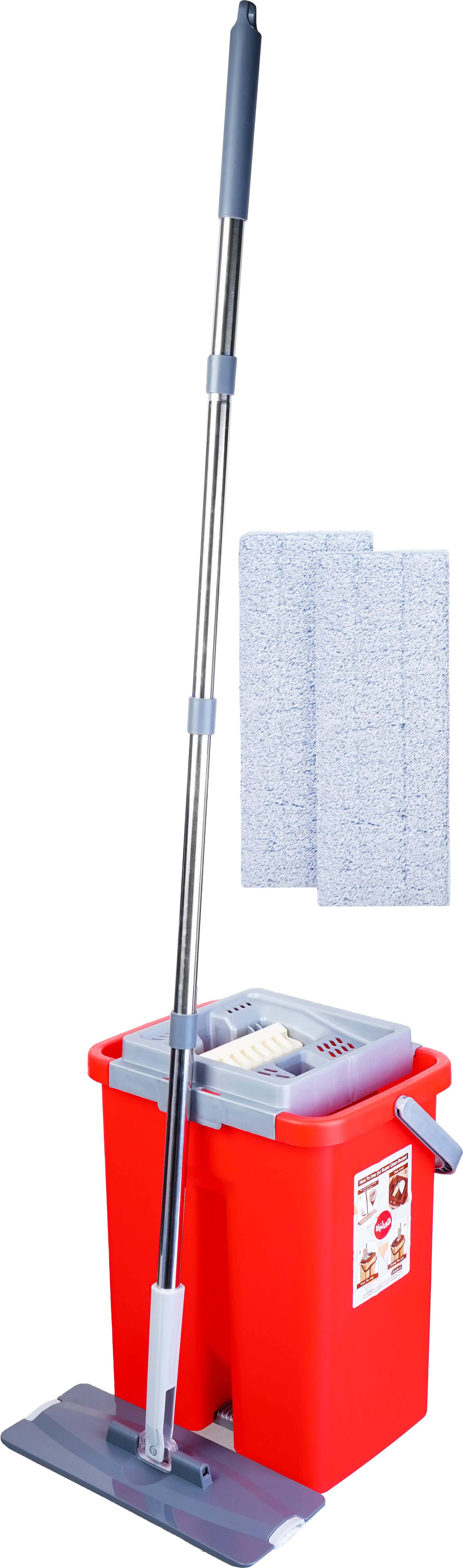 Al Wataneya Plastic Mop Bucket, 2 eyes, Plastic Flat Mop with Stainless Steel Handle, 42×36×26 cm - Red Grey