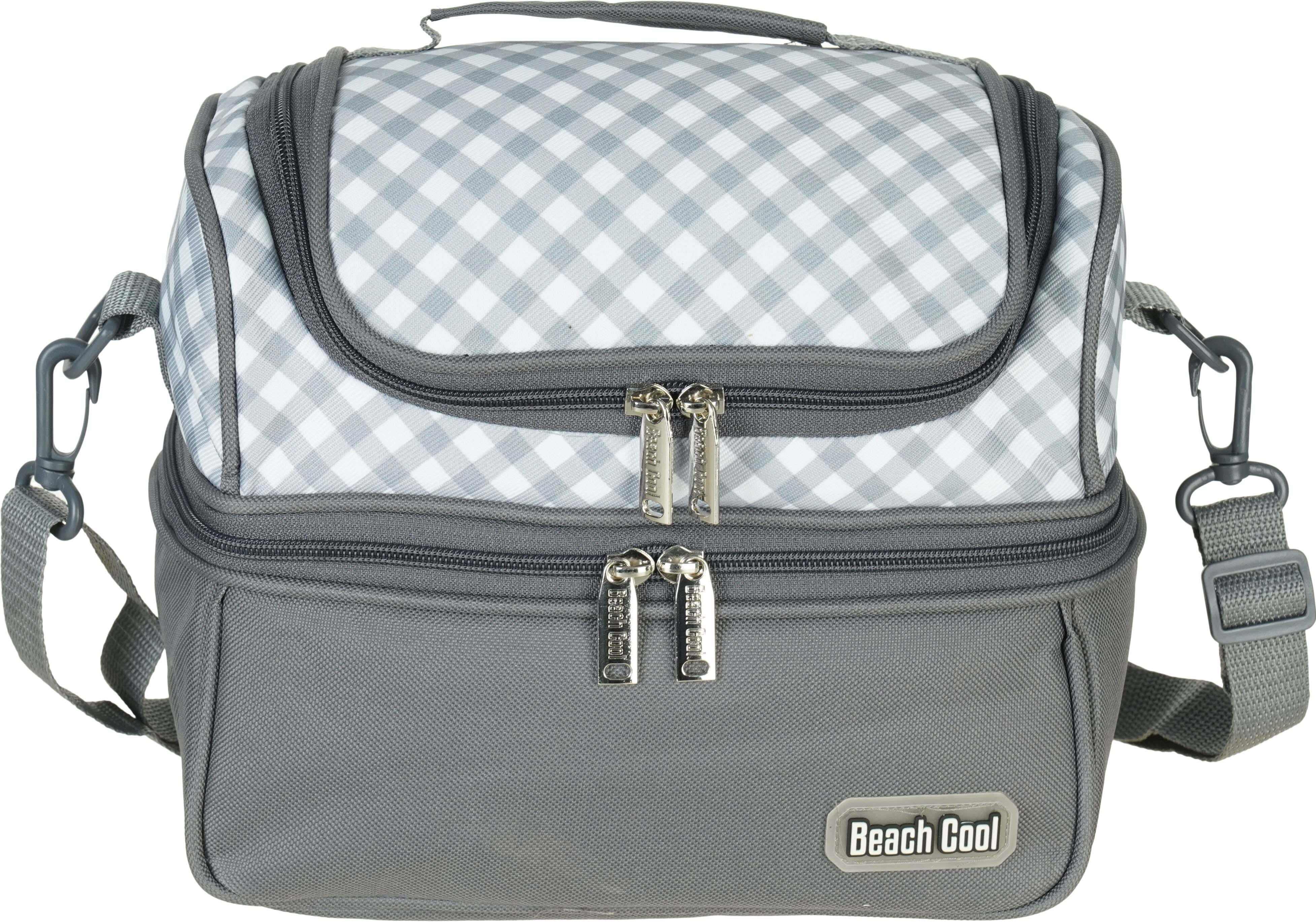 Beach Cool Insulated Fabric Food and Beverage Bag, 2 Levels, 2 Zippers, 7 Liter - Grey