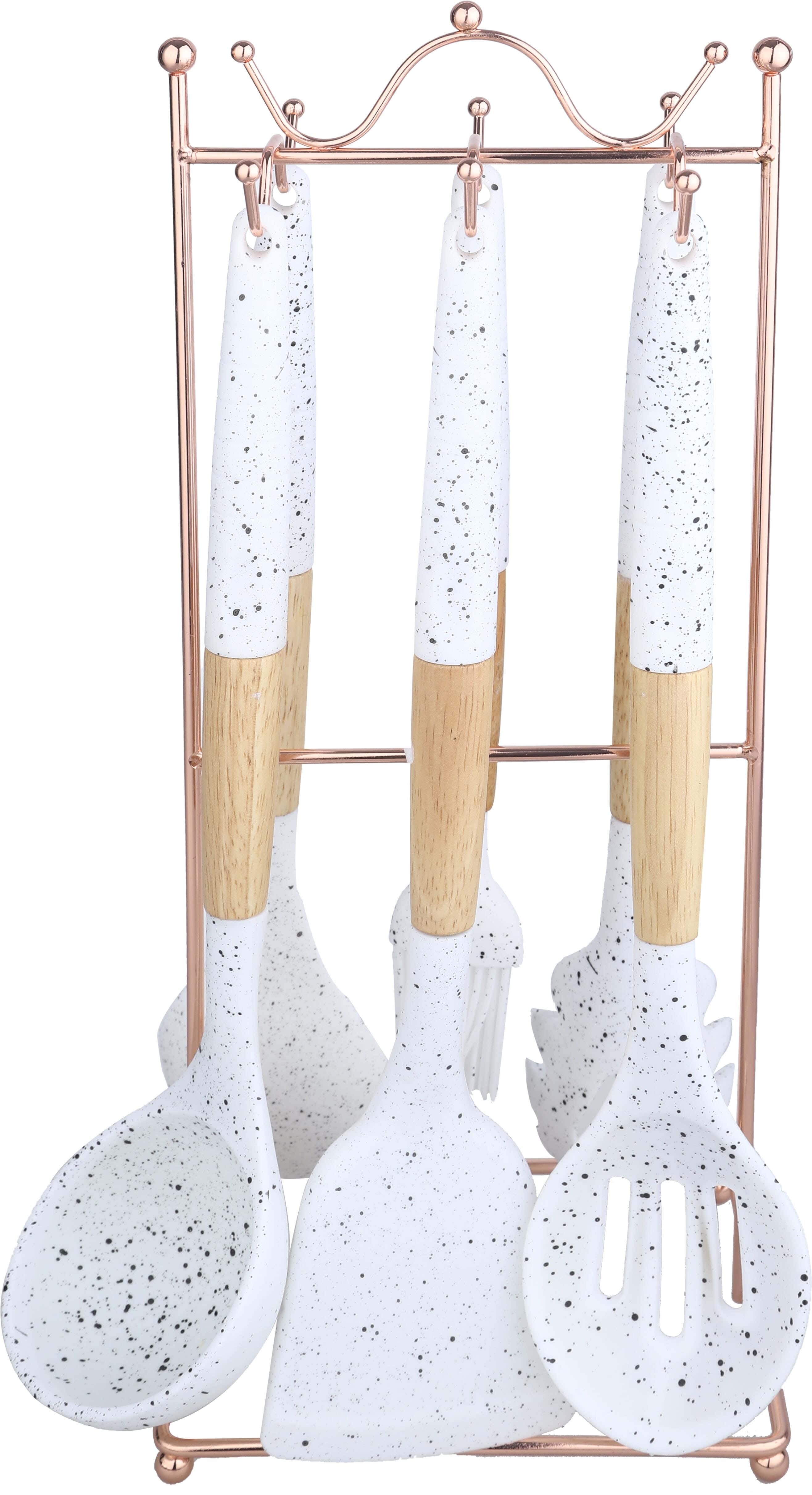 City Stars Silicone Serving Set, 6 Pieces, Wood Handle, Silicone Grip, In addition to Metal Stand - White Wooden