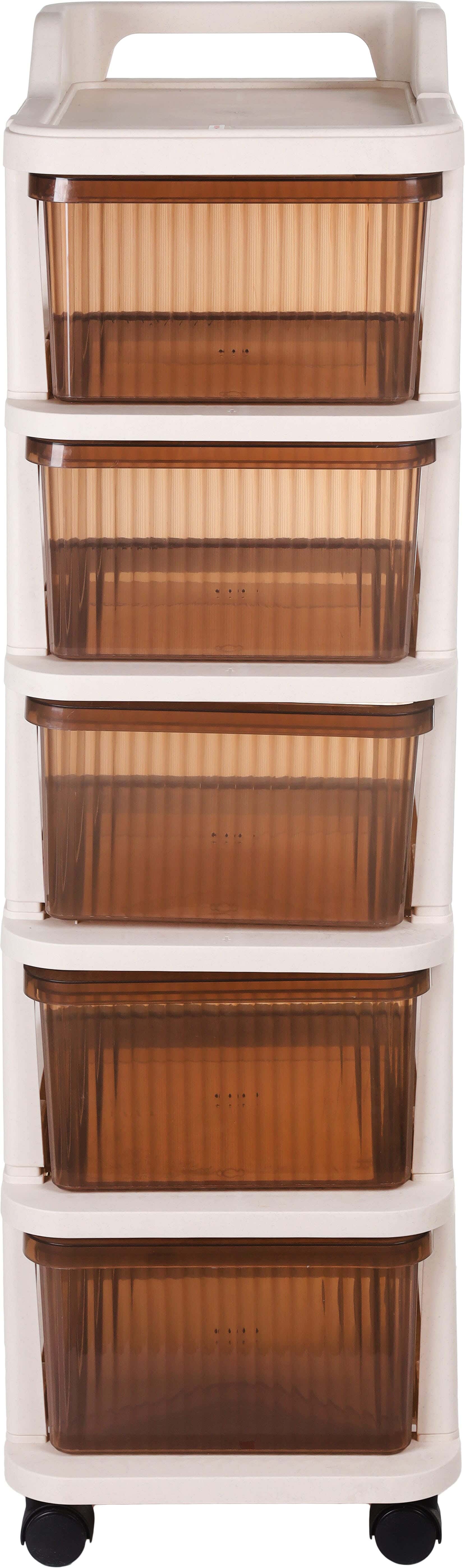 Plastic Storage Drawer Unit with Wheels, 5 Drawers, 106×29×38 cm - Beige Brown
