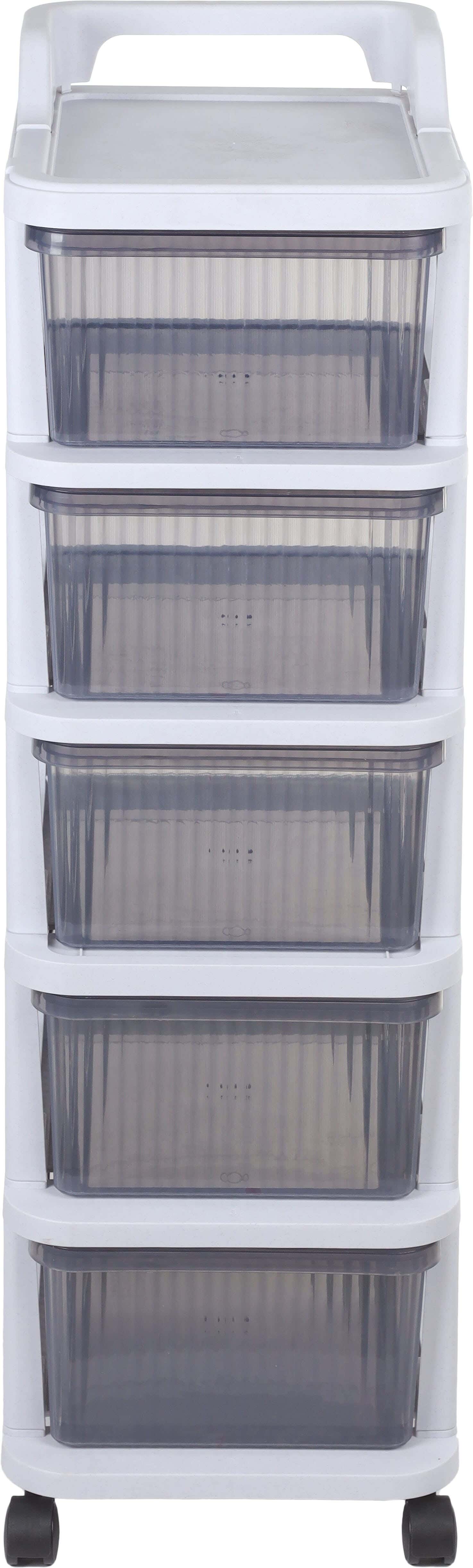 Plastic Storage Drawer Unit with Wheels, 5 Drawers, 106×29×38 cm - Grey