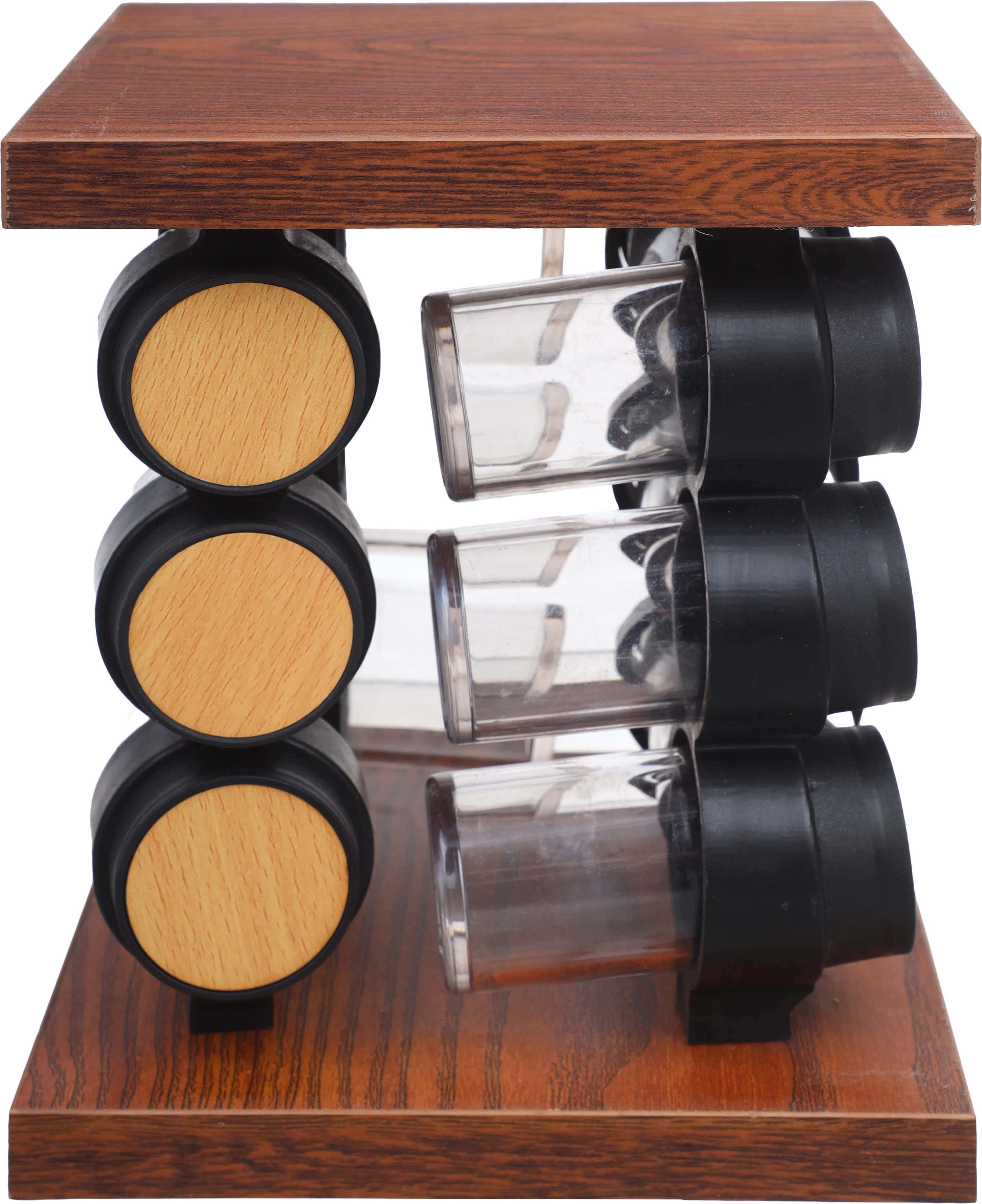 Nano Plast Acrylic Spice Jar Set with Plastic Lid, 12 Pieces, with Wooden Rotating Stand, 17×23 cm - Clear Black