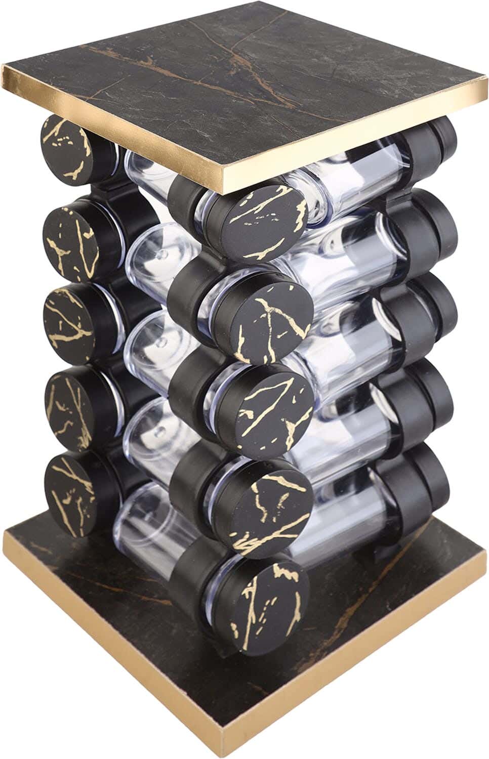 Acrylic Spice Jar Set with Plastic Lid, 20 Pieces, with Wooden Rotating Stand, 17×35 cm - Black Gold