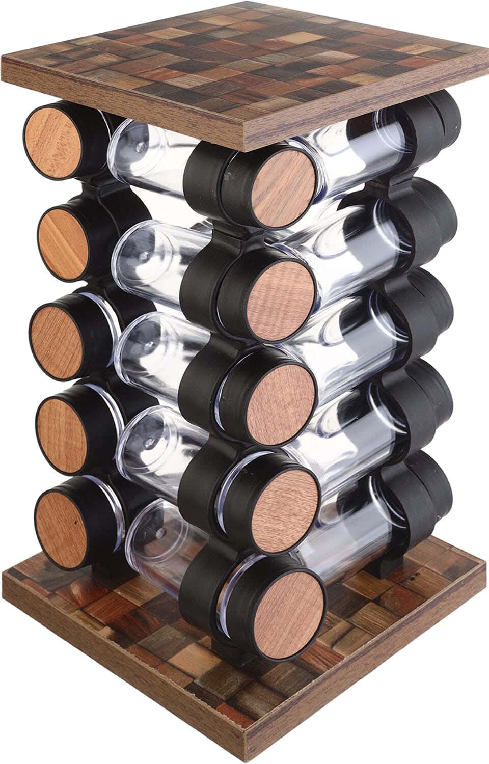 Nano Plast Acrylic Spice Jar Set with Plastic Lid, 20 Pieces, with Wooden Rotating Stand, 17×35 cm - Black