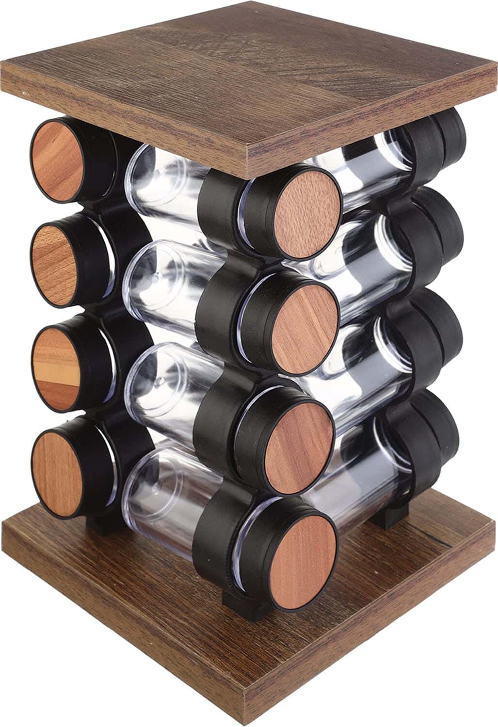 Nano Plast Acrylic Spice Jar Set with Plastic Lid, 16 Pieces, with Wooden Rotating Stand, 17×29 cm - Black Gold