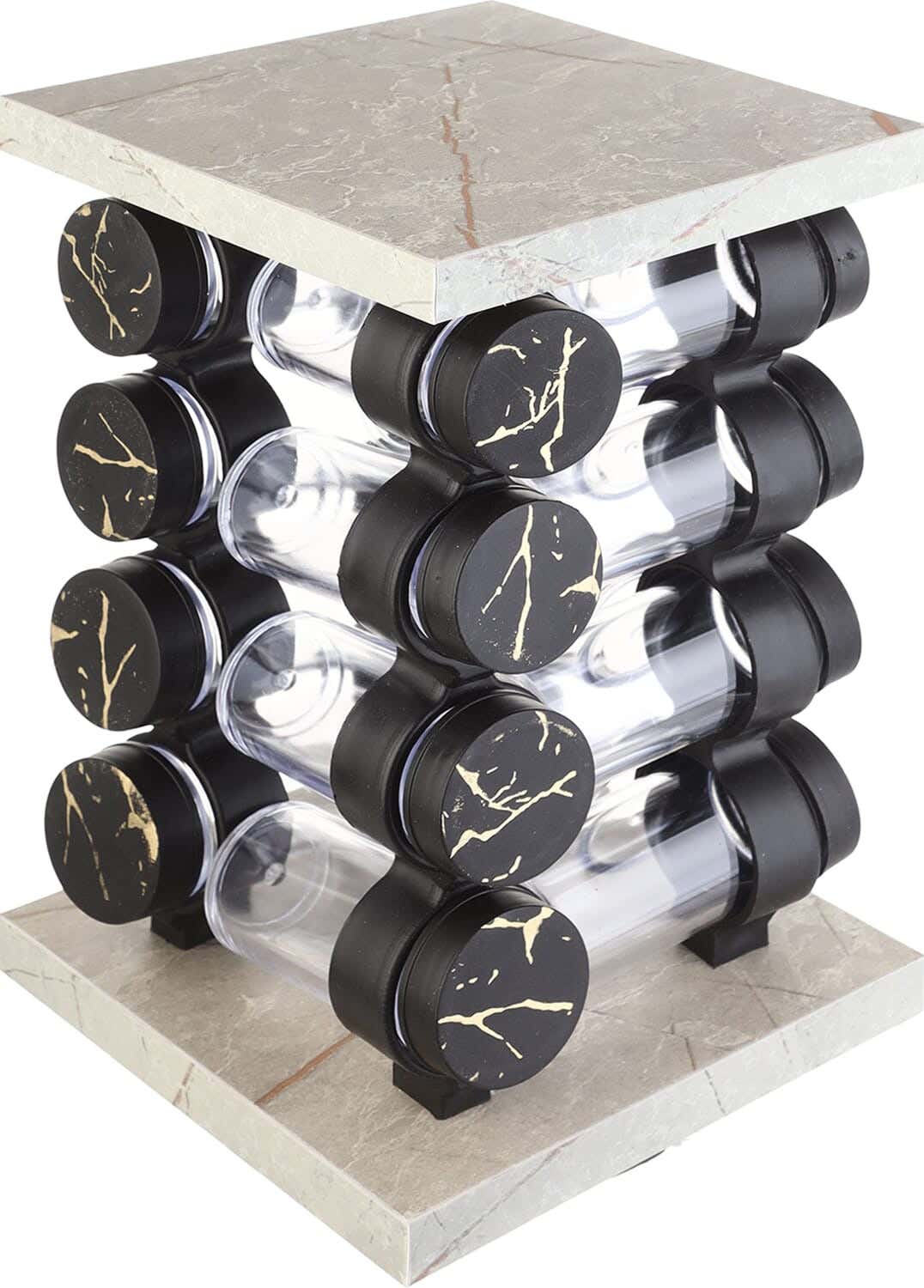 Acrylic Spice Jar Set with Plastic Lid, 16 Pieces, with Wooden Rotating Stand, 17×29 cm - Black Gold