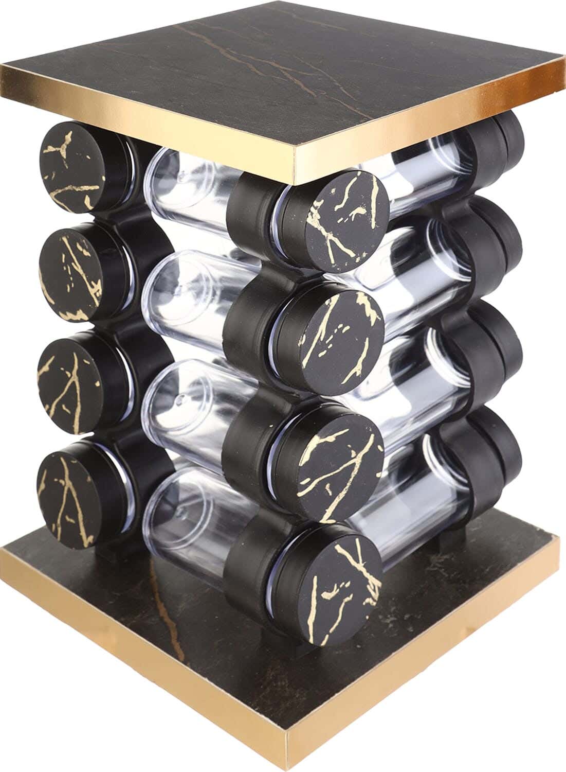 Nano Plast Acrylic Spice Jar Set with Plastic Lid, 16 Pieces, with Wooden Rotating Stand, 17×29 cm - Black Gold