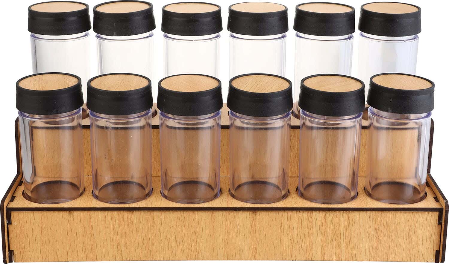Acrylic Spice Jar Set with Plastic Lid, 12 Pieces, with Wooden Stand - Black Gold