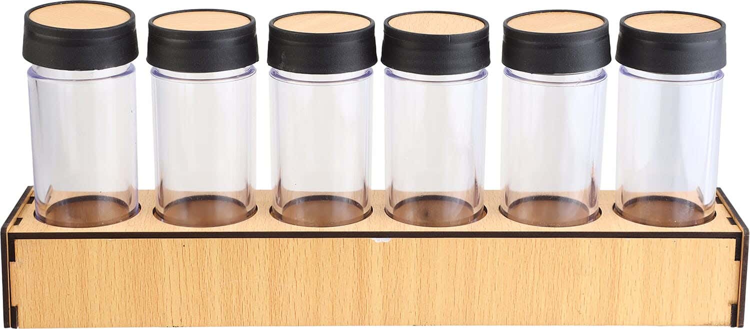 Acrylic Spice Jar Set with Plastic Lid, 6 Pieces, with Wooden Stand - Black Gold