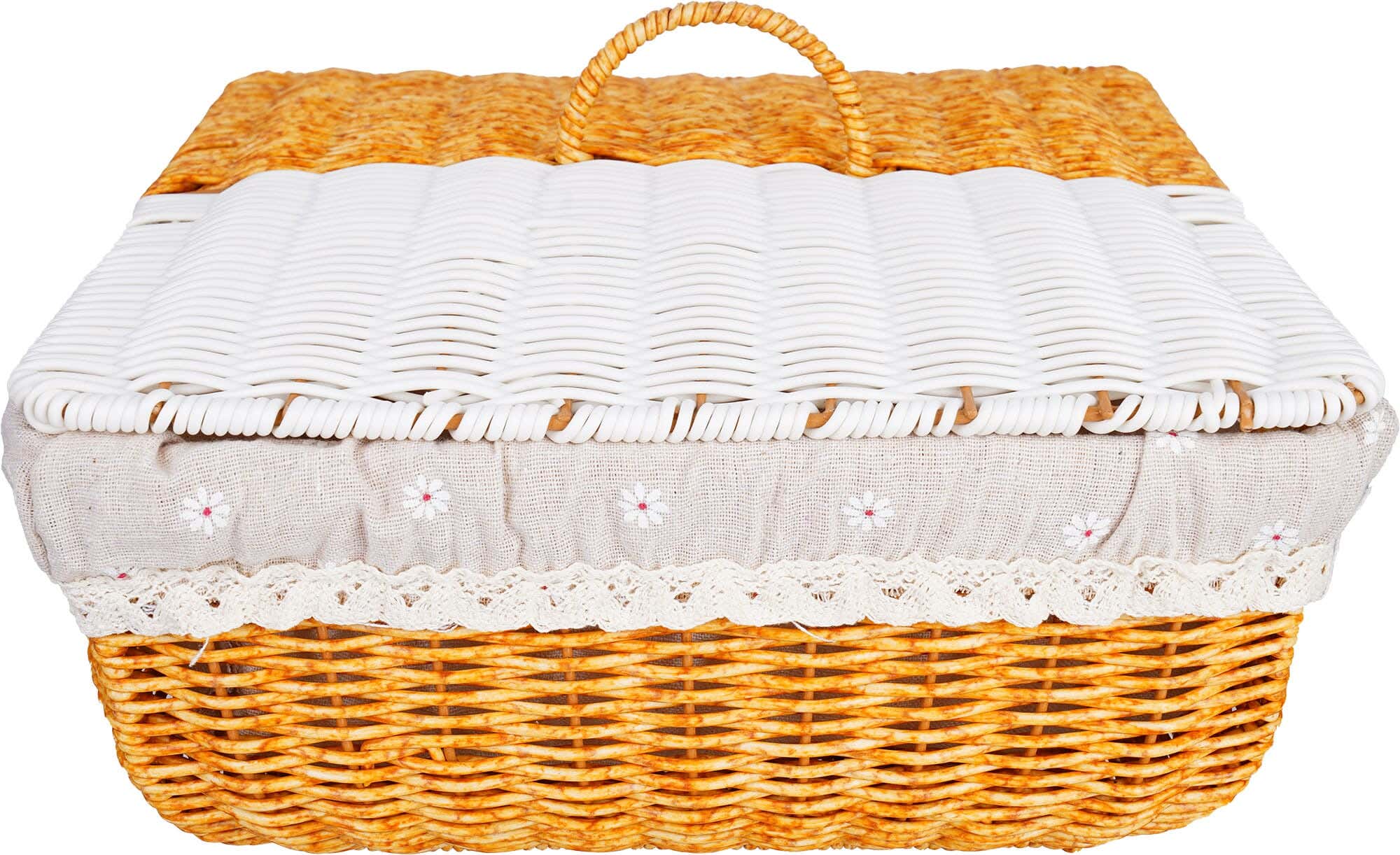 Bread Basket with Lid wicker, fabric cover, 30×30×15 cm - Beige white