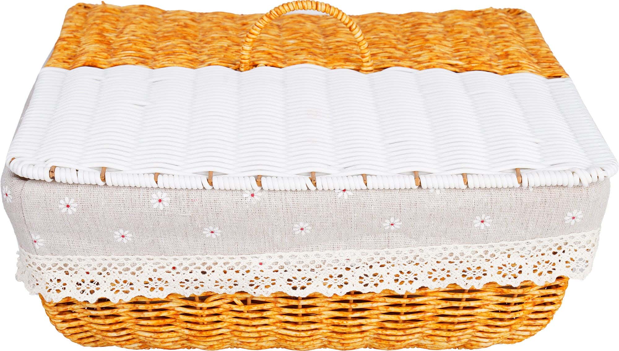 Bread Basket with Lid wicker, fabric cover, 36×36×15 cm - Beige white