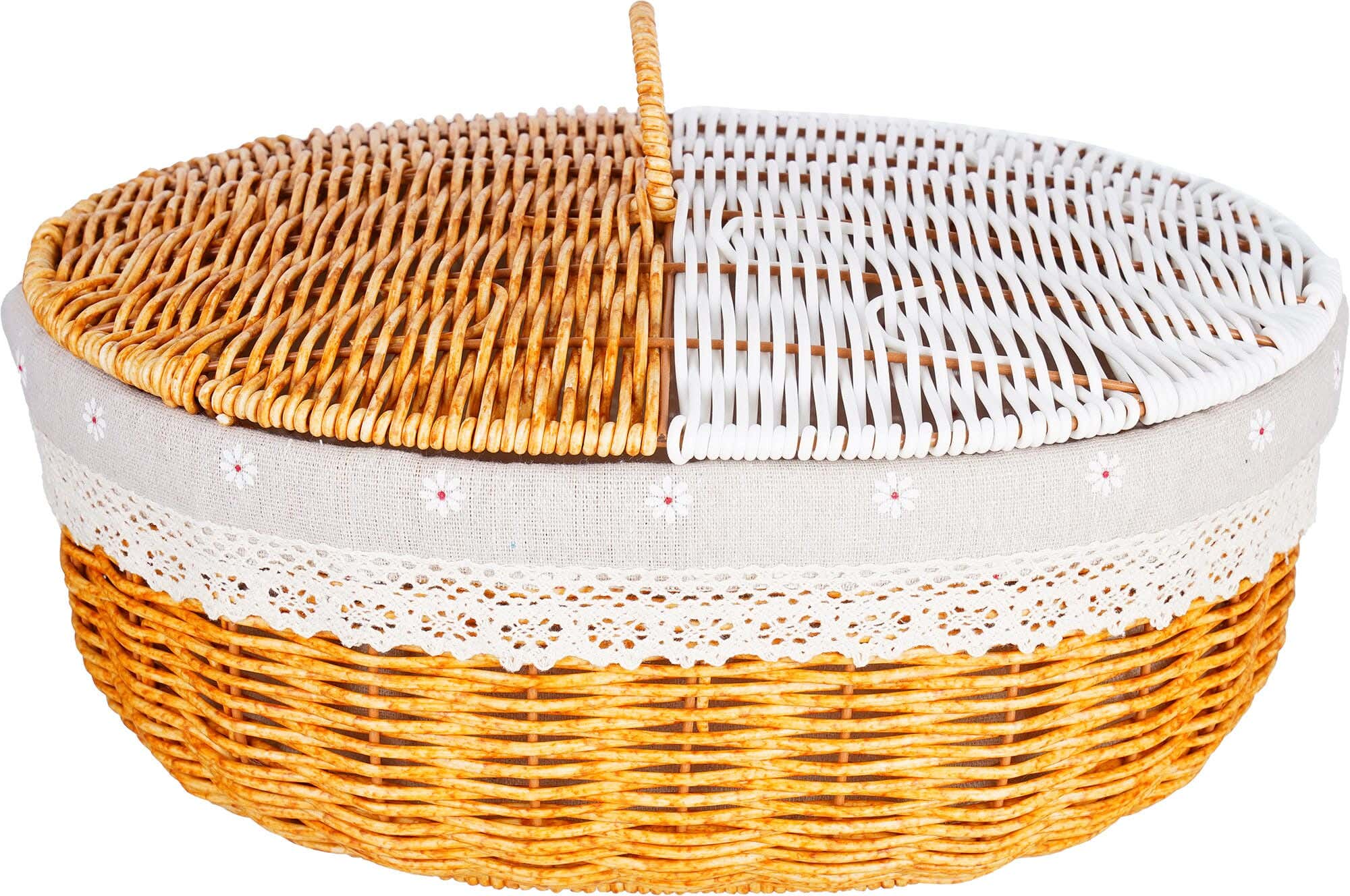 Bread Basket with Lid wicker, fabric cover, 30×38×15 cm - Beige white