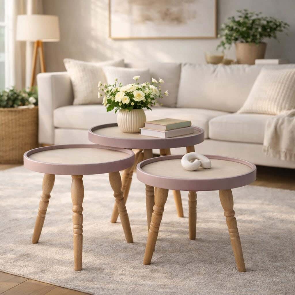 AL EALAMIA MDF Wood Round Nesting Side Table Set, 3 Pieces - Beige Wooden