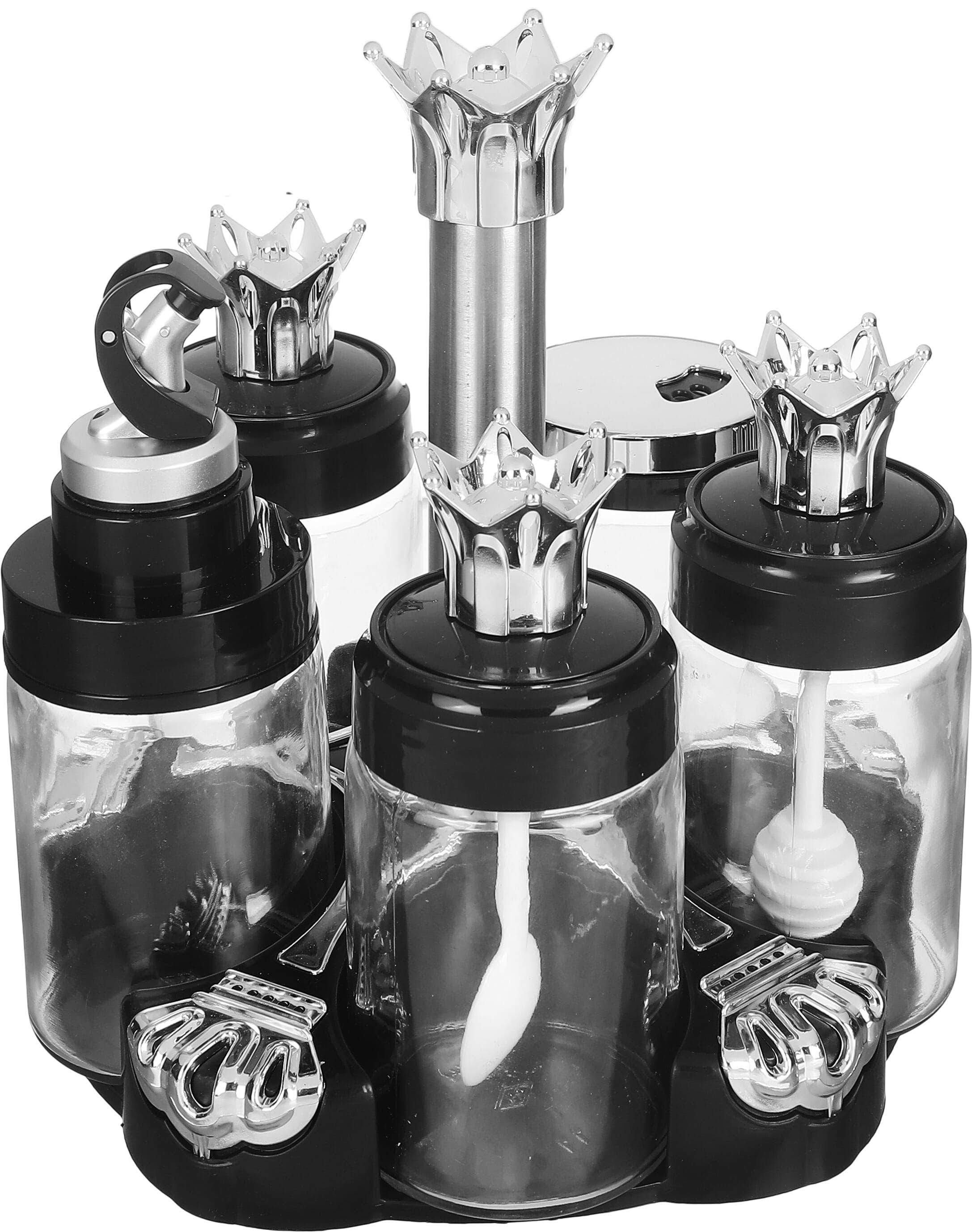 Glass Spice Jar Set, 5 Pieces, Plus a Rotating Stand, 250 ml - Black Silver