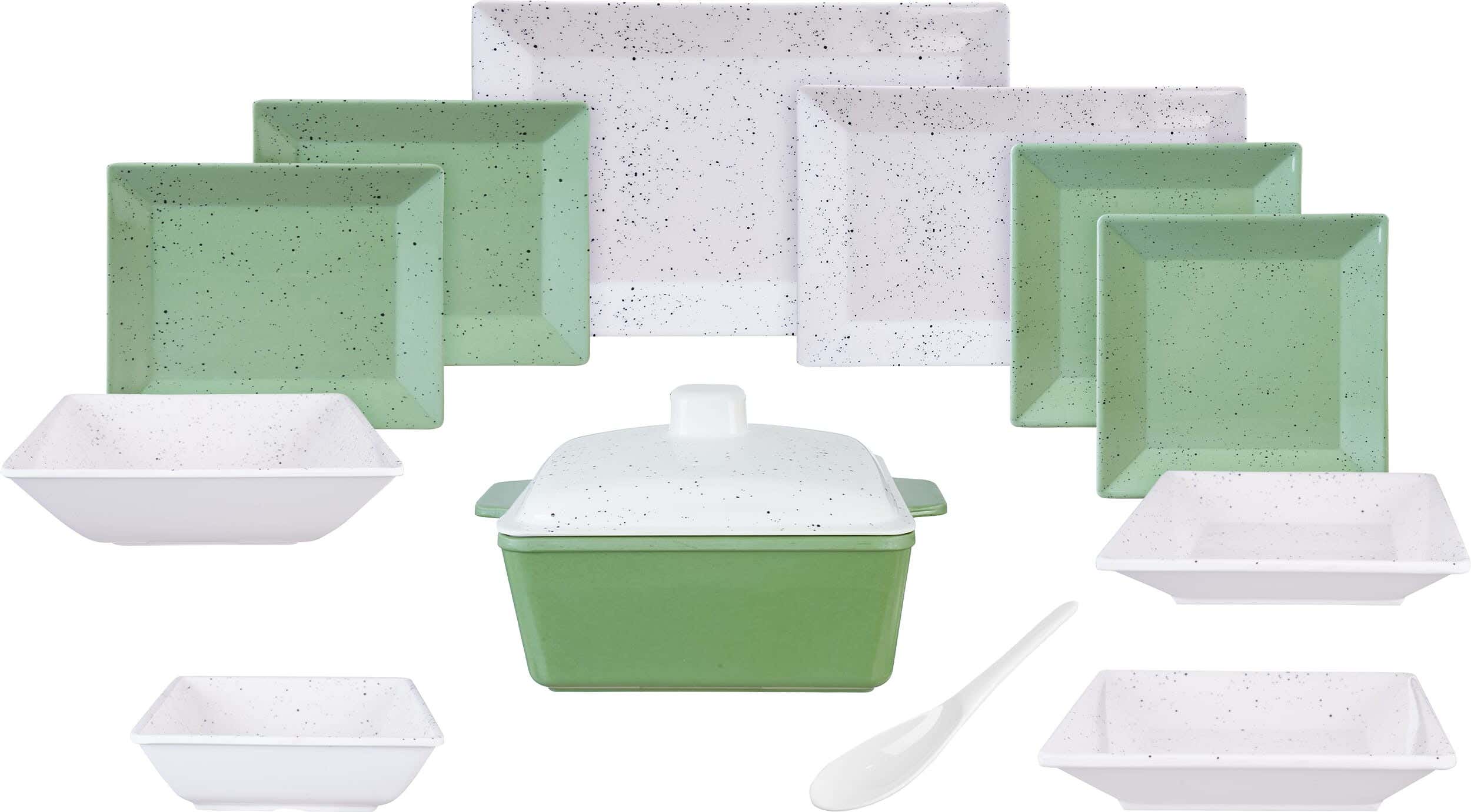 Al Sharif Square Melamine Dinner Set, 38 Pieces - Green Off White