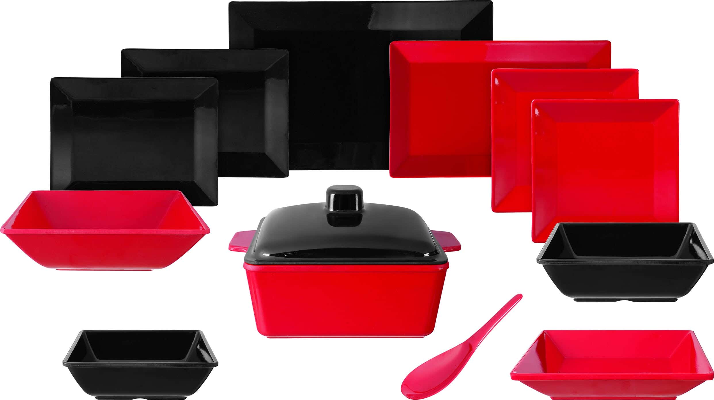 Al Sharif Square Melamine Dinner Set, 38 Pieces - Black Red