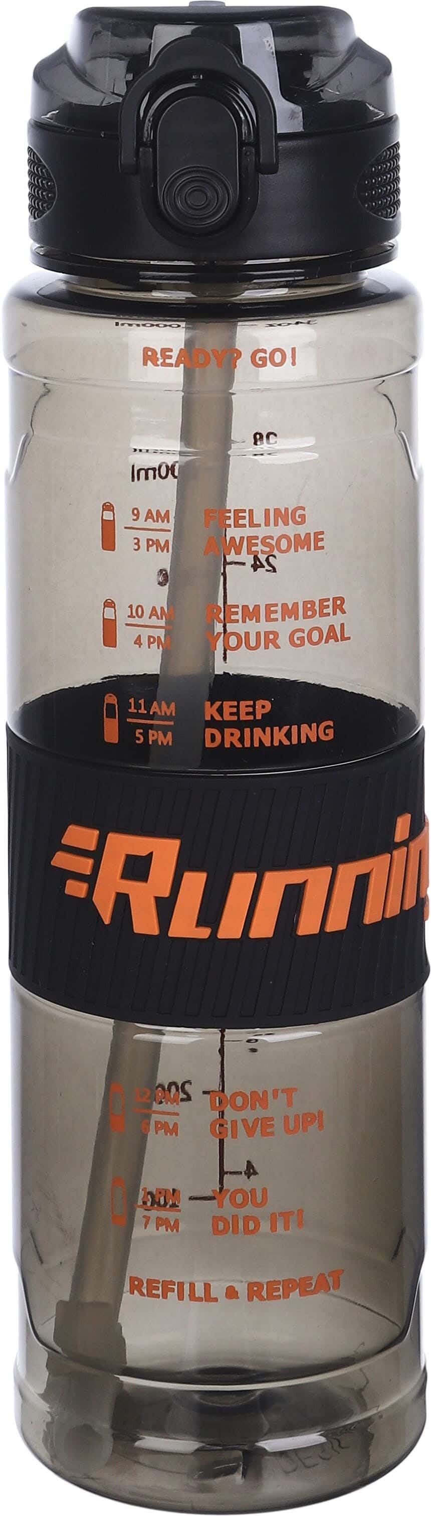Plastic Sport Water Bottle, with Straw, 1.1 litre - Black
