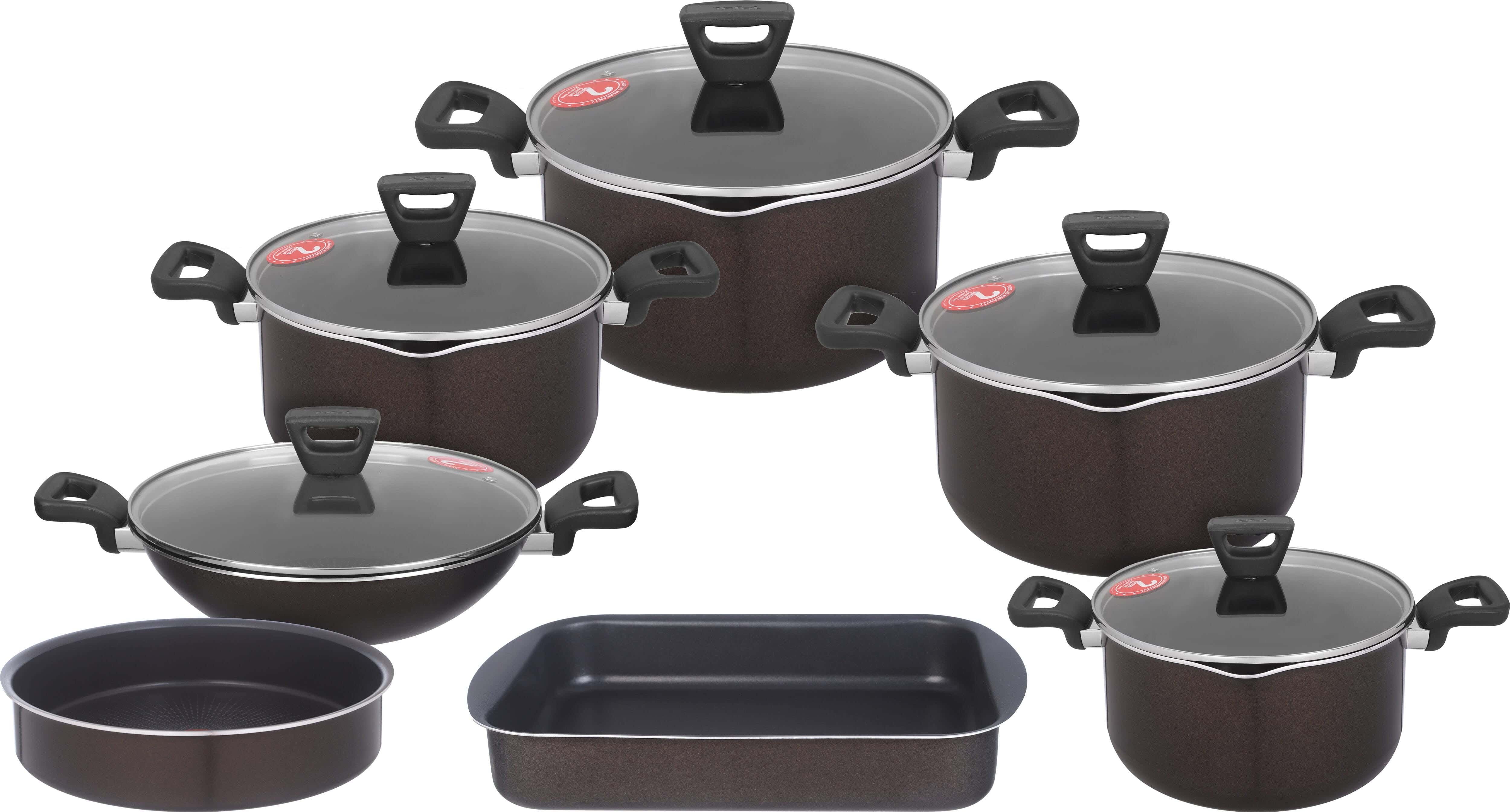 Tefal Pots Set with Glass Lid, 12 Pieces - Brown
