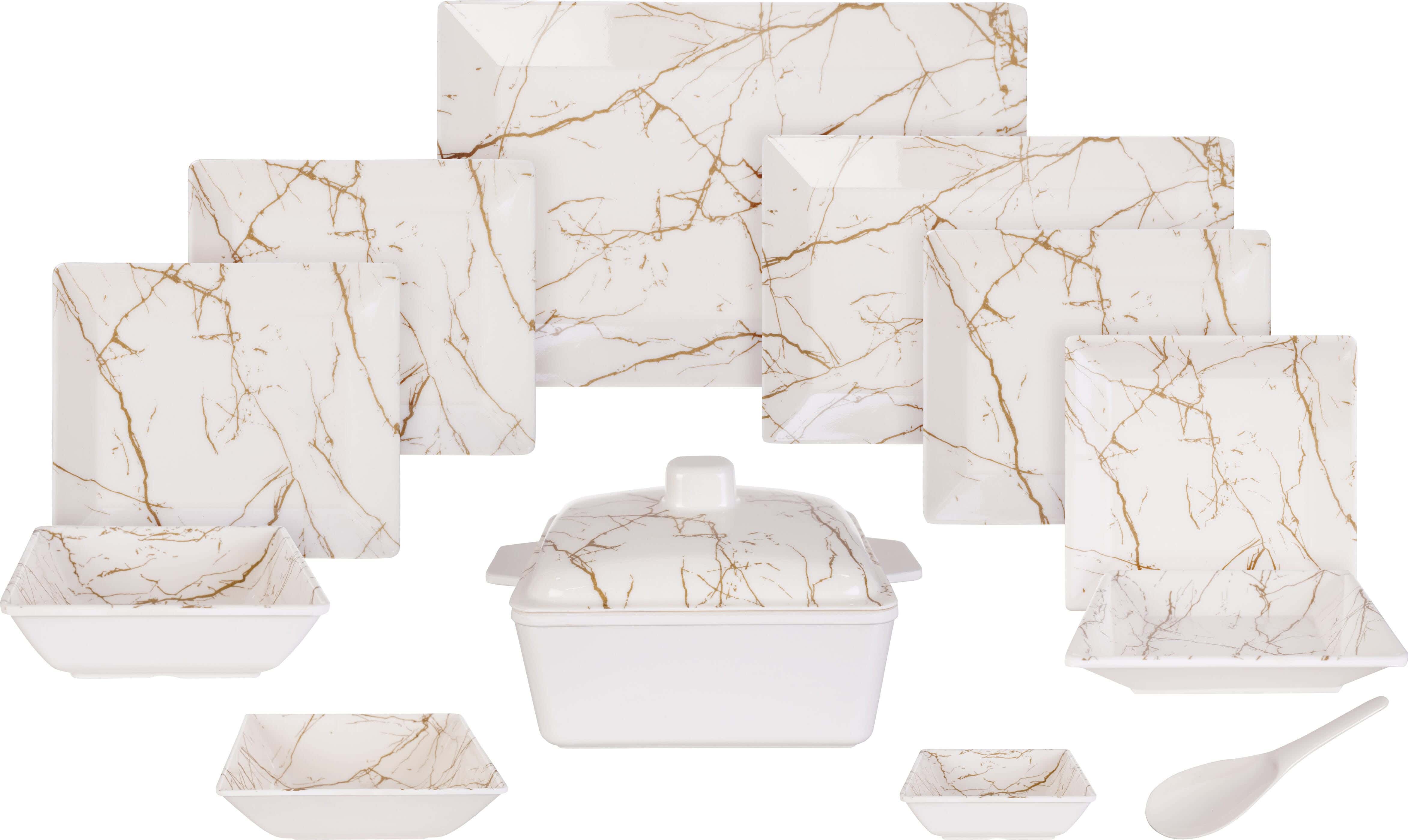 Al Sherif Melamine Square Dinner Set, 38 Pieces - Beige Gold