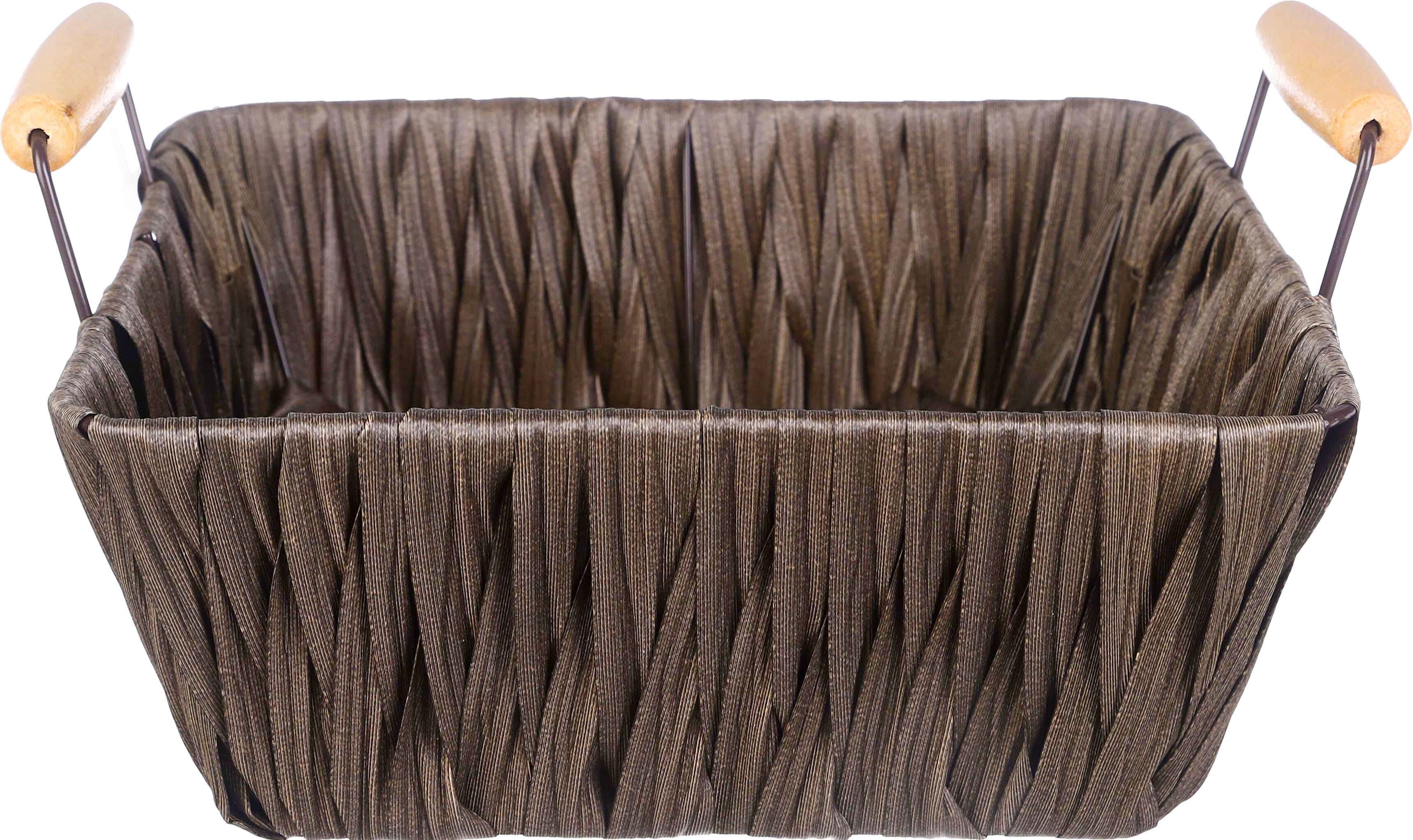 Metal Bread Basket, Wicker Cover, Wooden Handle, 22×22 cm - Dark Brown