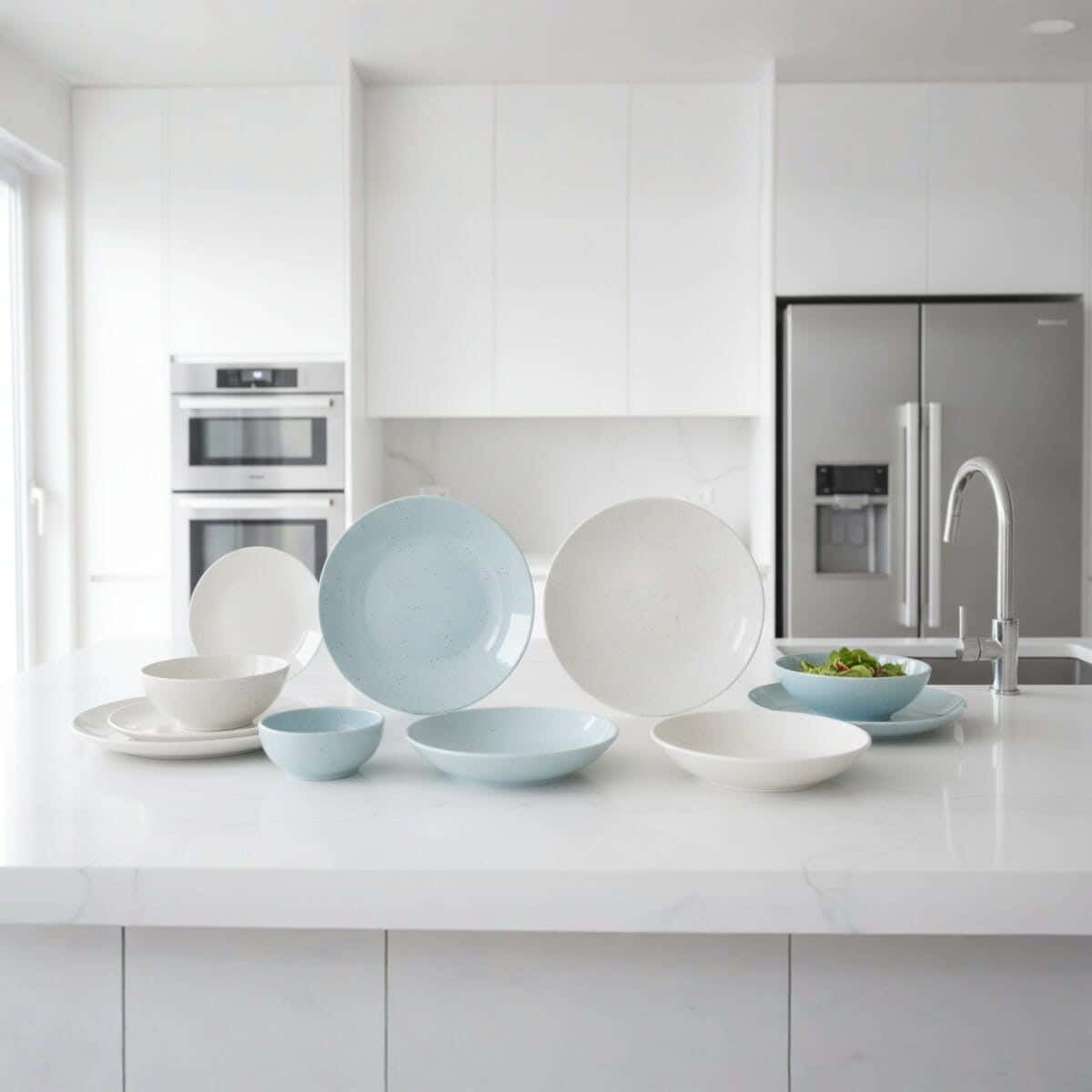 Almohandes Melamine Dinner Set, 24 Pieces - Light Blue Off White