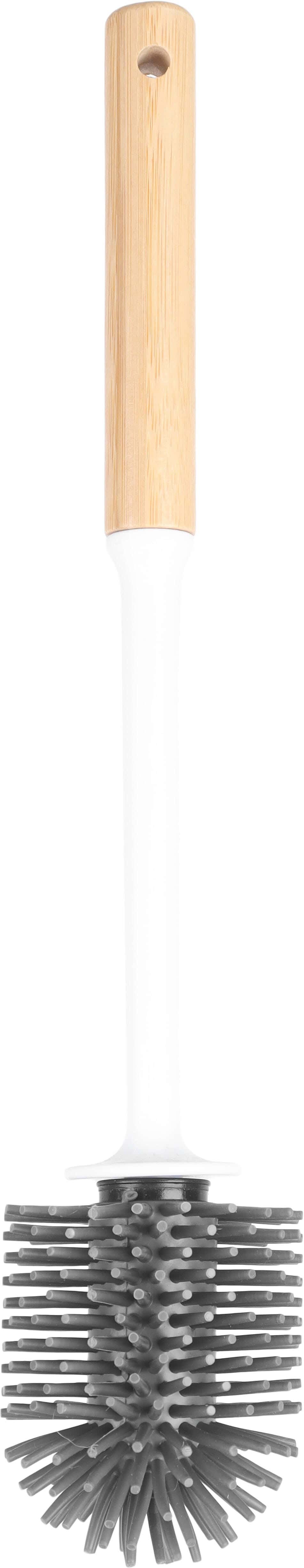 Silicone Toilet Brush with Plastic Body and Wooden Handle, 38 cm - White Beige
