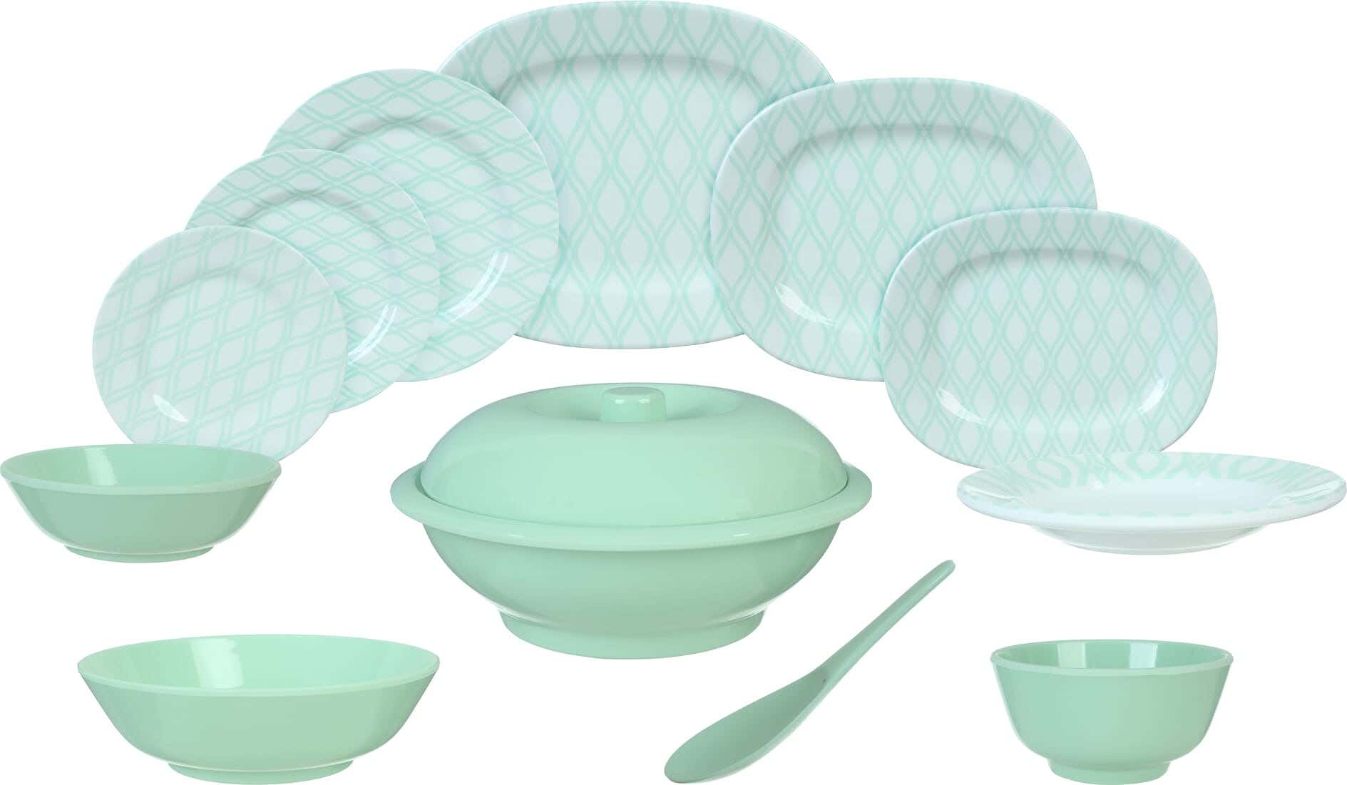 Al Shreif Round Melamine Set, 38 Pieces - Light Green White